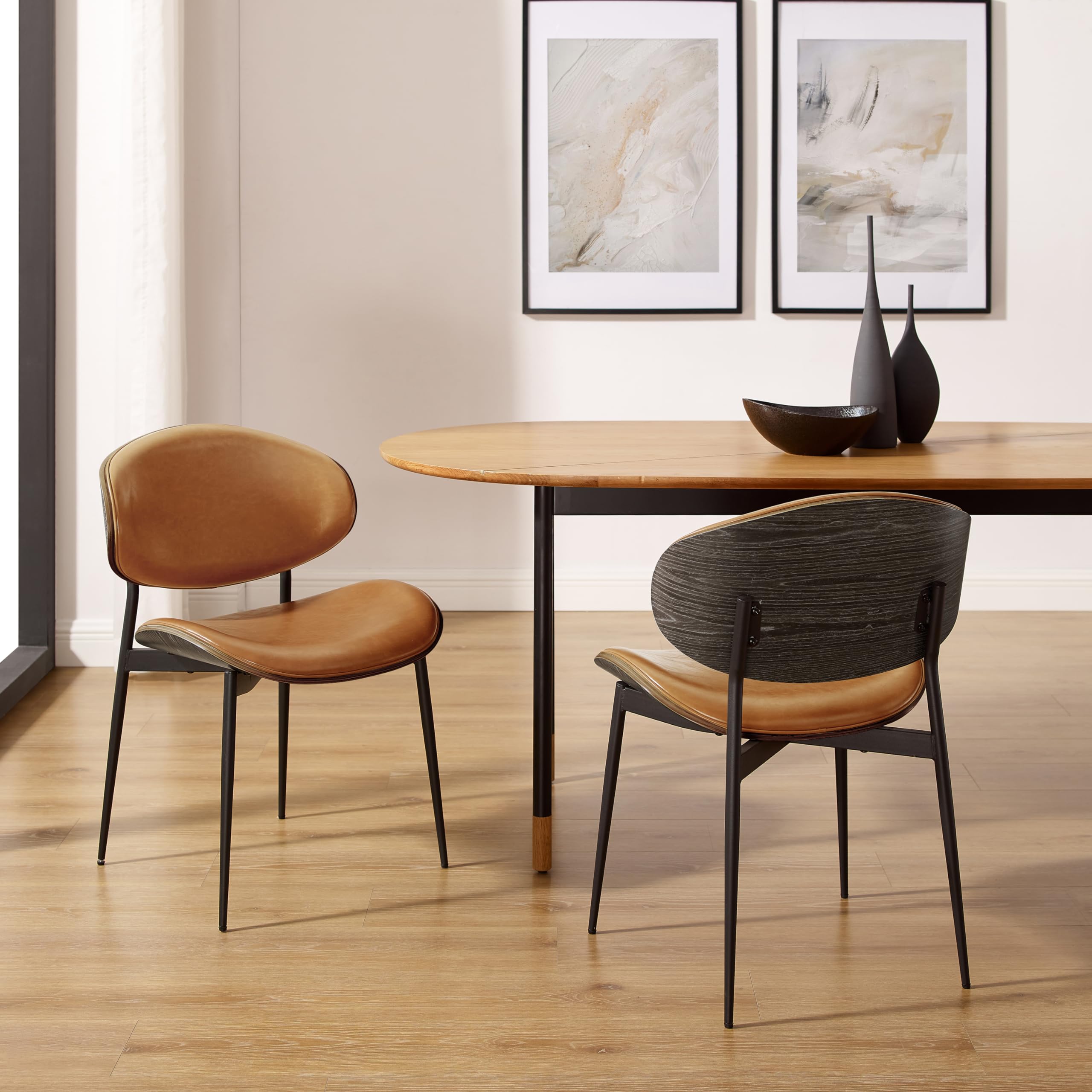 Art Leon Mid Century Modern Dining Chairs Set of 4 - Grey Oak Bentwood with Orange Faux Leather Upholstery & Black Metal Legs - Perfect for Kitchen, Dining Room or Bedroom Accent Chairs