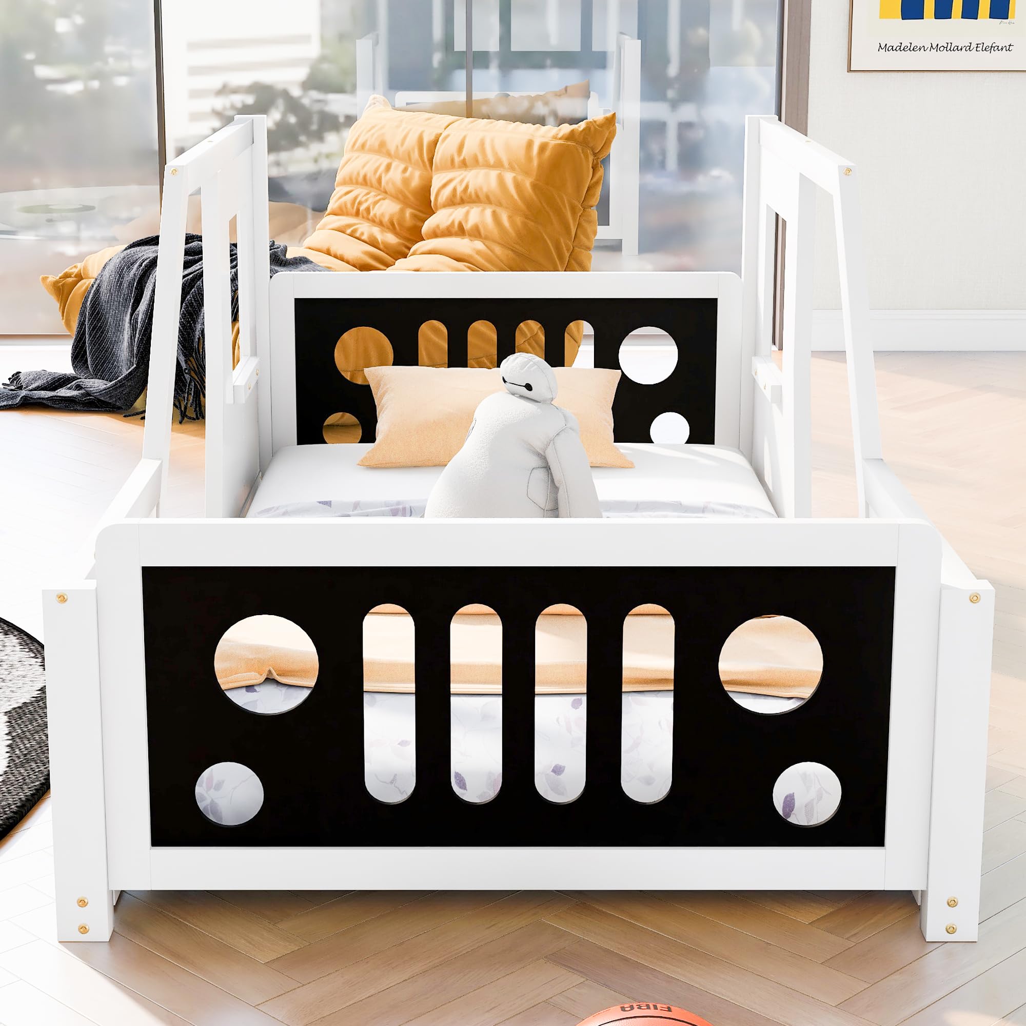 **MERITLINE Twin Size Kids Floor Car Bed - Wooden Platform Bed Frame with Doors, Wheels & Slat Support - No Box Spring Needed - Perfect for Boys & Girls Bedrooms, Playrooms & Themed Kids Rooms - White**