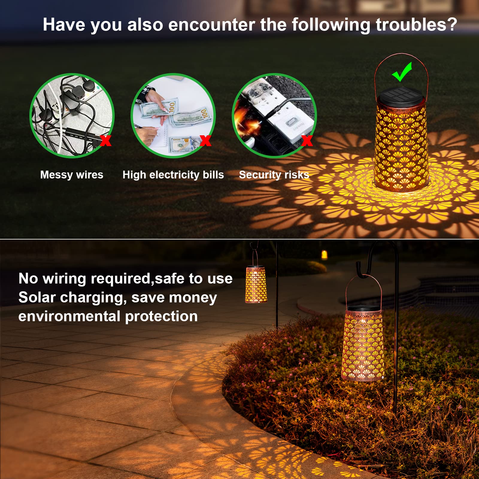 4 Pack Waterproof Solar Hanging Lanterns for Outdoor Garden - Metal Solar Yard Lights with 2 Lighting Modes for Pathway, Backyard & Landscape Decoration | Perfect for Patio, Deck & Evening Ambience
