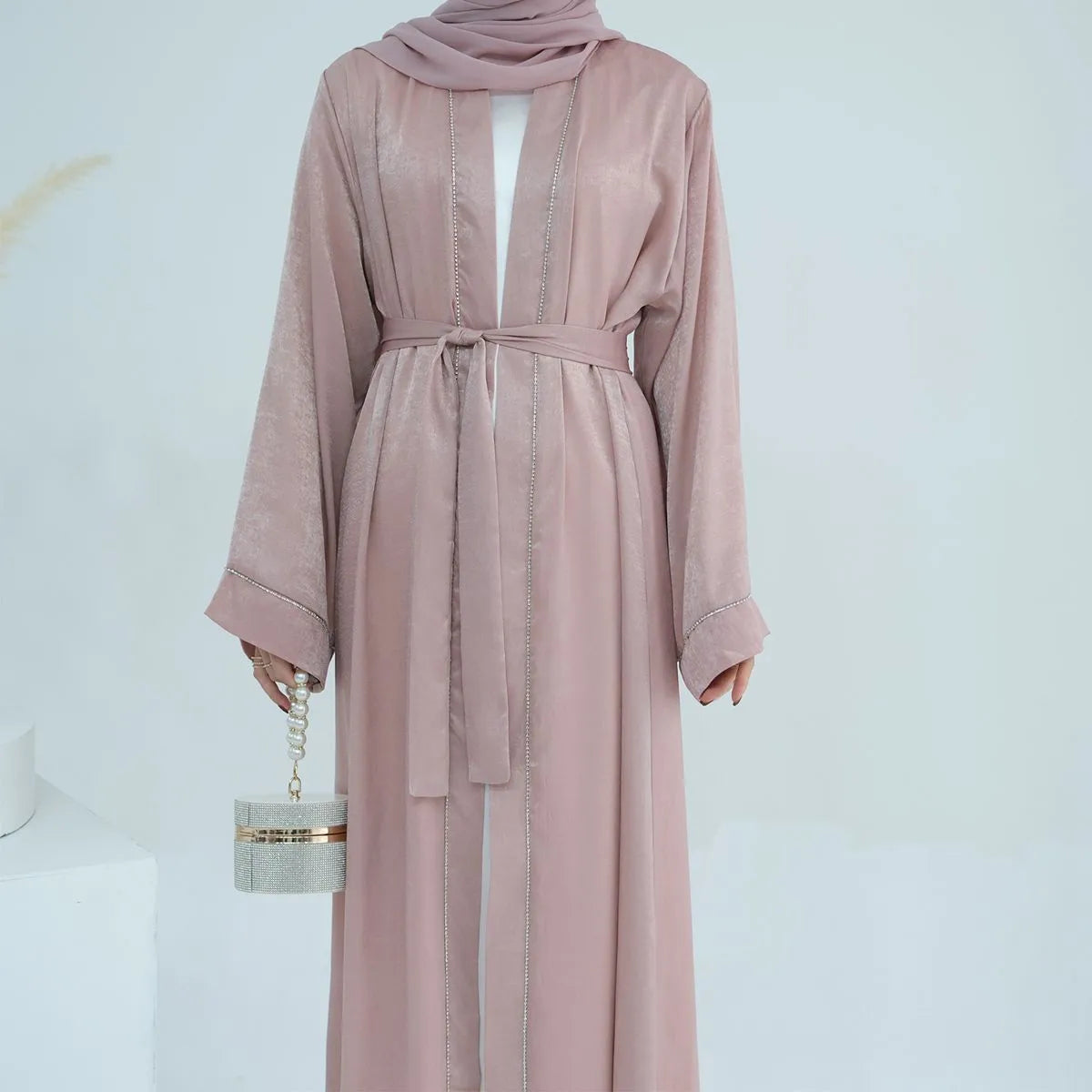 Elegant Muslim Women's Satin Cardigan Open Abaya Dress - Modest Islamic Prayer Dress for Home & Mosque