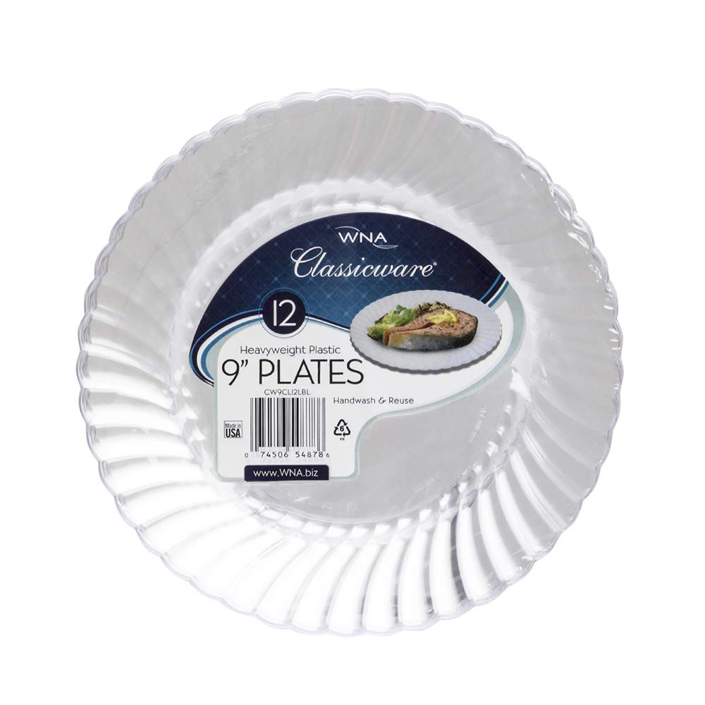 WNA RSCW91512 Clear 9 Inch Plastic Plates - Classicware Dinner Plates, Pack of 12 (Case of 15 Packs) - Perfect for Parties, Picnics & Everyday Dining