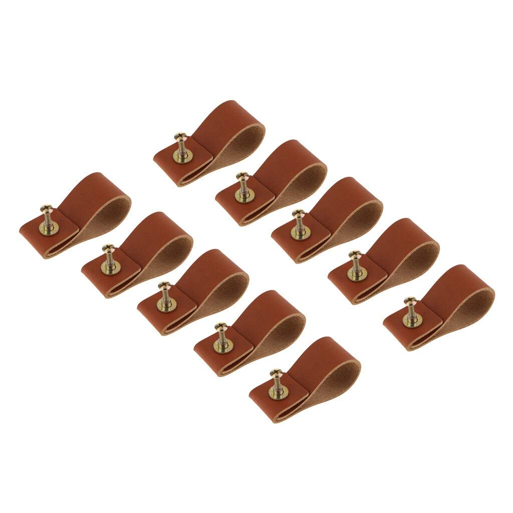 Minimalist Leather Cabinet Pulls - 10 Pack Single Hole Handles for Drawers & Doors | Handmade Loop Pulls for Kitchen Cabinets, Dressers & Furniture (Brown)