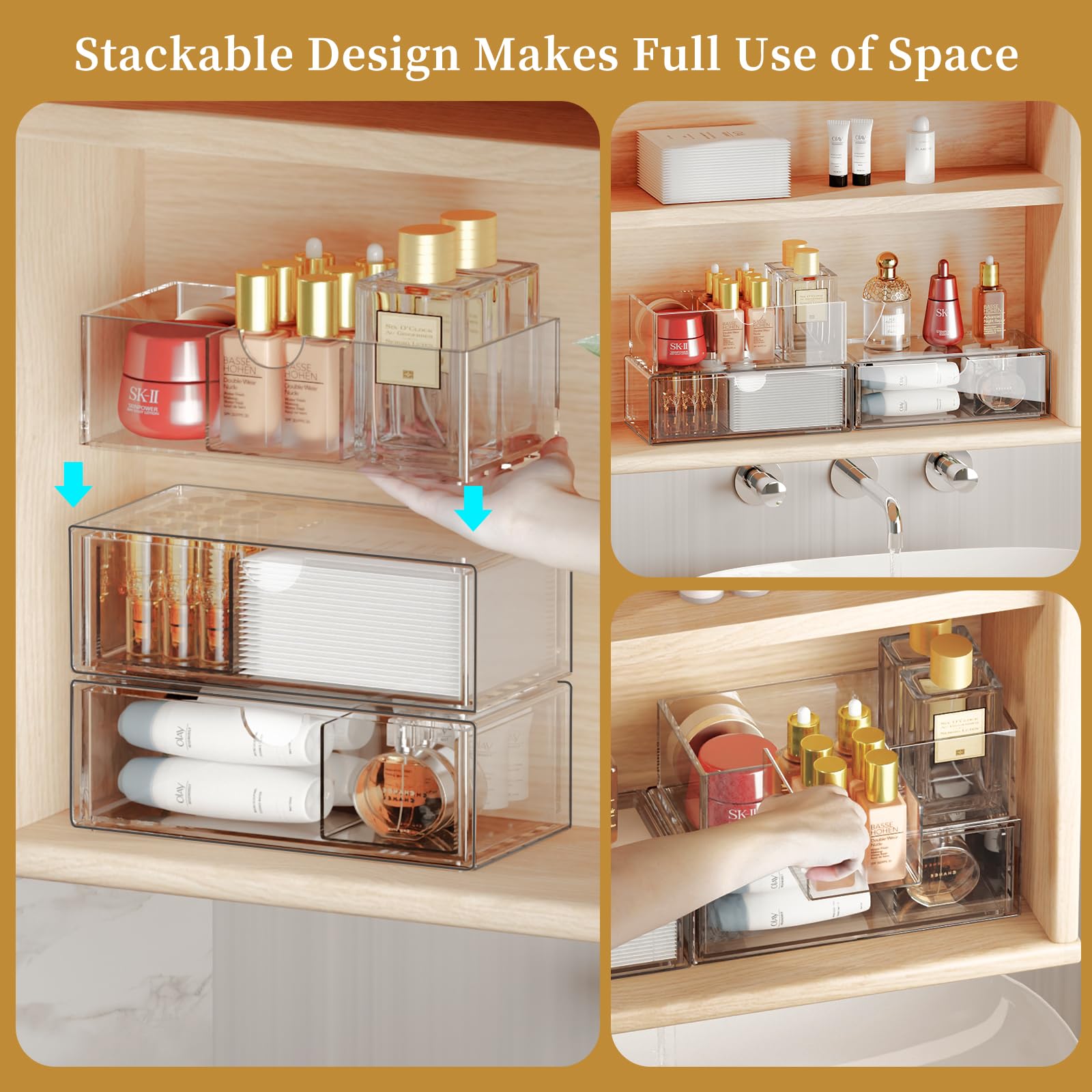 3-Tier Stackable Medicine Cabinet Organizer with Removable Dividers | Clear Plastic Bathroom Storage for Vanity | Perfect for Small Spaces, Apartment Bathrooms & Travel Essentials Organization