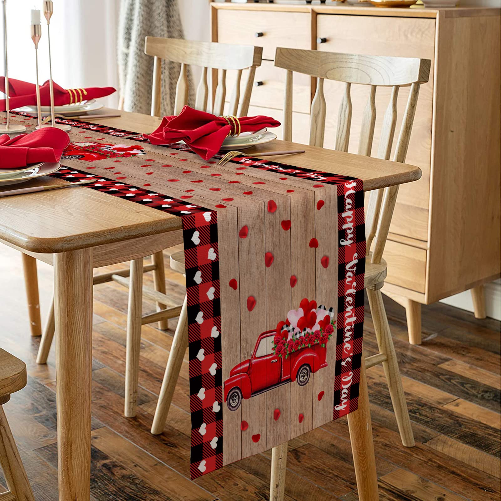 90 Inch Red Truck Valentine's Day Table Runner - Romantic Love on Petals Design for Kitchen, Dining Table, Dresser | Perfect for Valentine's Decor, Weddings, Banquets & Coffee Table Styling