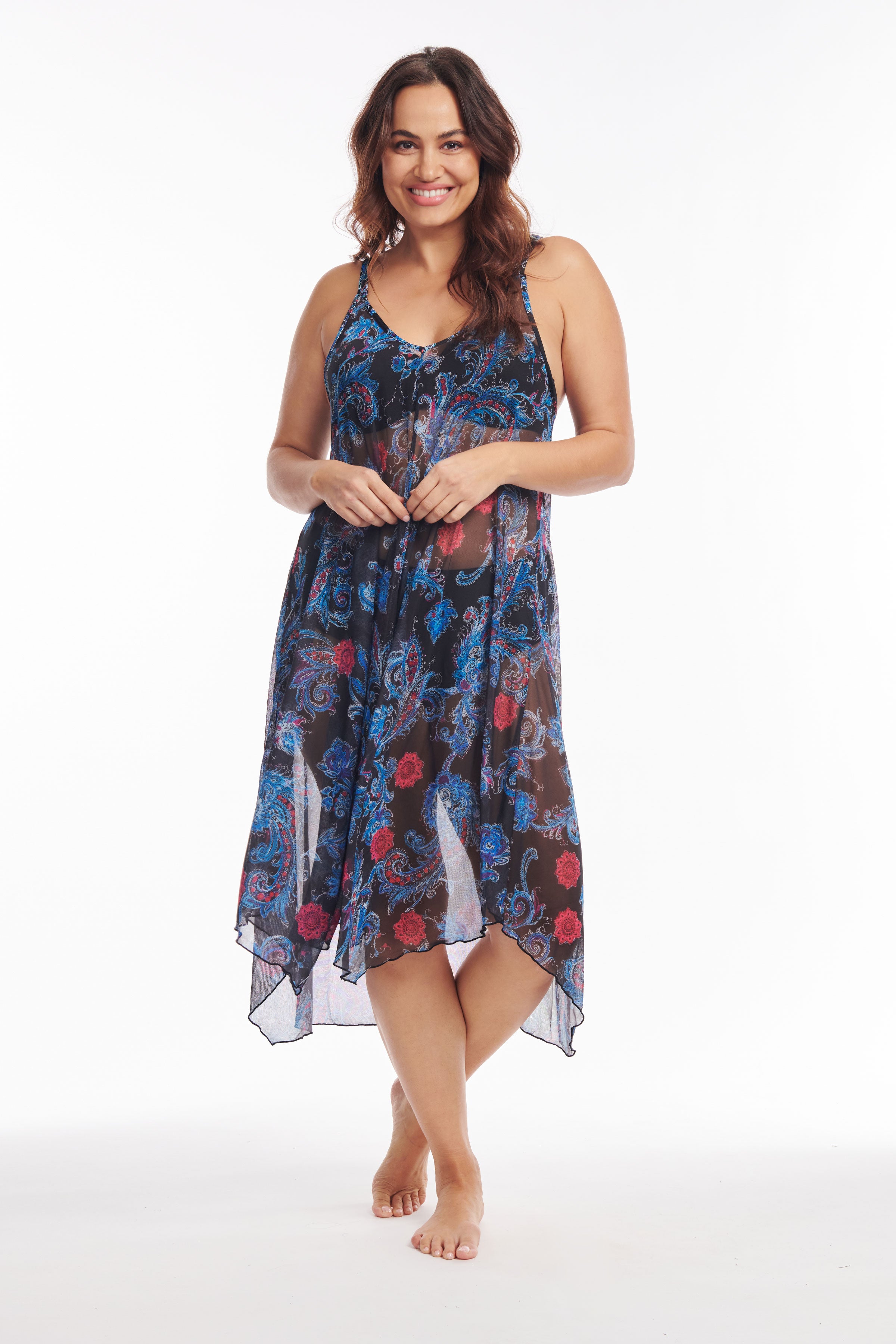 Plus Size Flowy Mesh Coverup Tank Dress - Linework Paisley Print Midi Dress for Women, Beach Cover Up, Pool Party, Summer Vacation Outfit