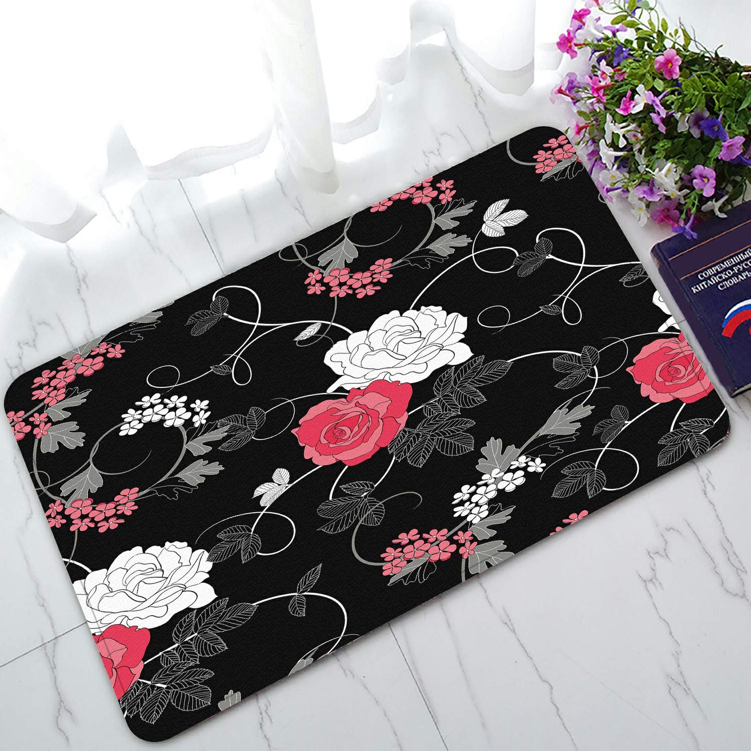 ECZJNT Black Rose Welcome Doormat - Non-Slip Bath & Entrance Rug - 30x18 Inch Indoor/Outdoor Floor Mat for Home Decor - Perfect for Front Door, Porch, Bathroom & Mudroom