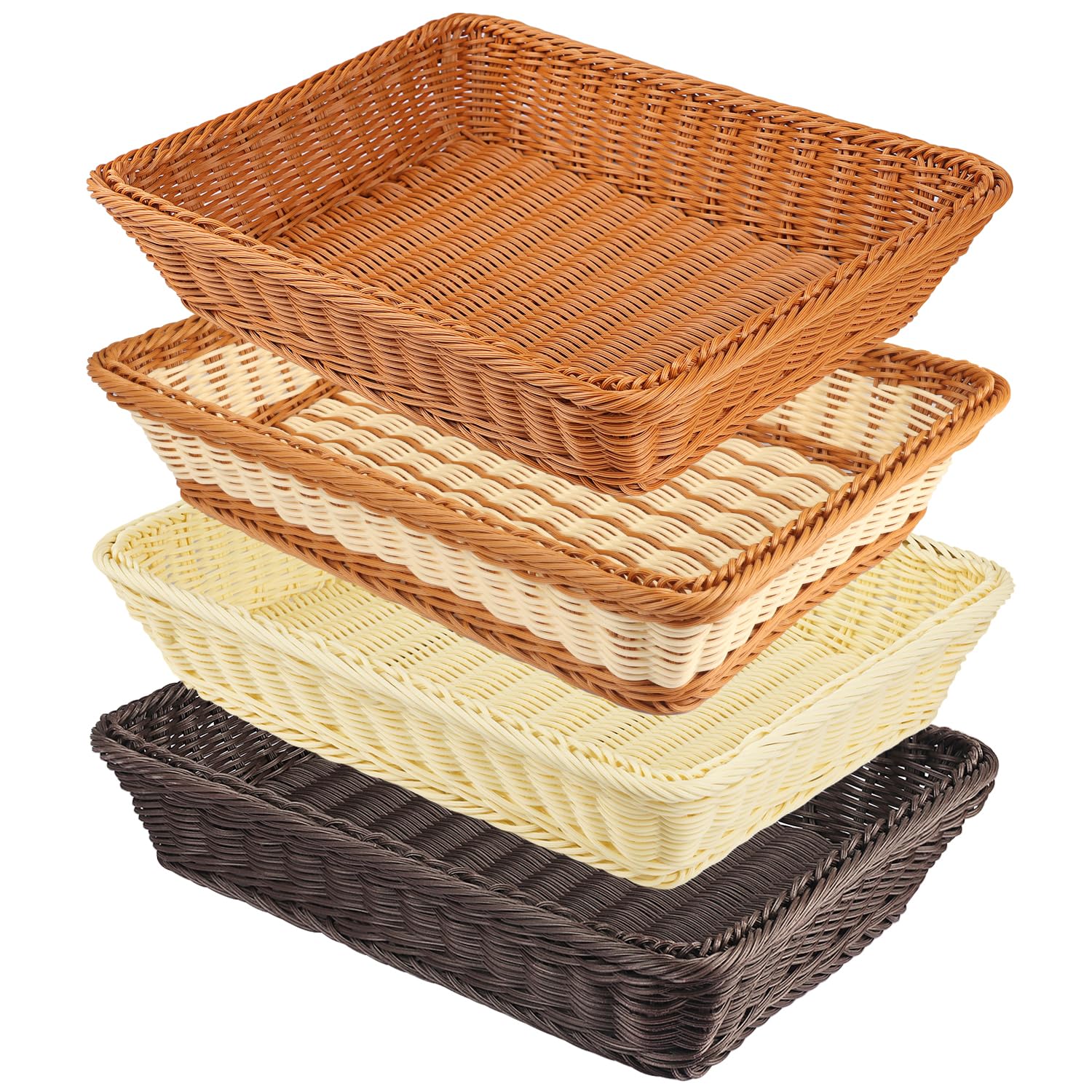 4-Piece 16x12 Inch Wicker Bread Baskets Set - Natural Woven Serving Trays for Bread, Fruits, Vegetables & Snacks - Perfect for Restaurants, Bakeries, Family Parties & Hotels (4 Colors) - Ideal for Buffet Serving, Picnics & Home Decor