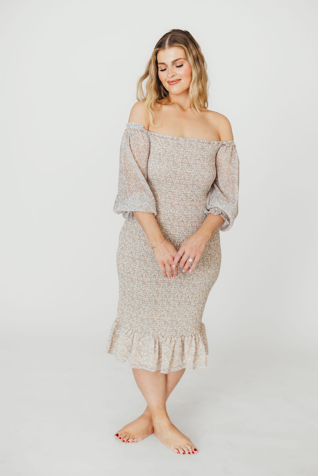 Stylish Cameron Stretchy Midi Dress with Ruffles - Beige & Blue Floral Print | Perfect for Casual Outings, Date Nights & Summer Vacations
