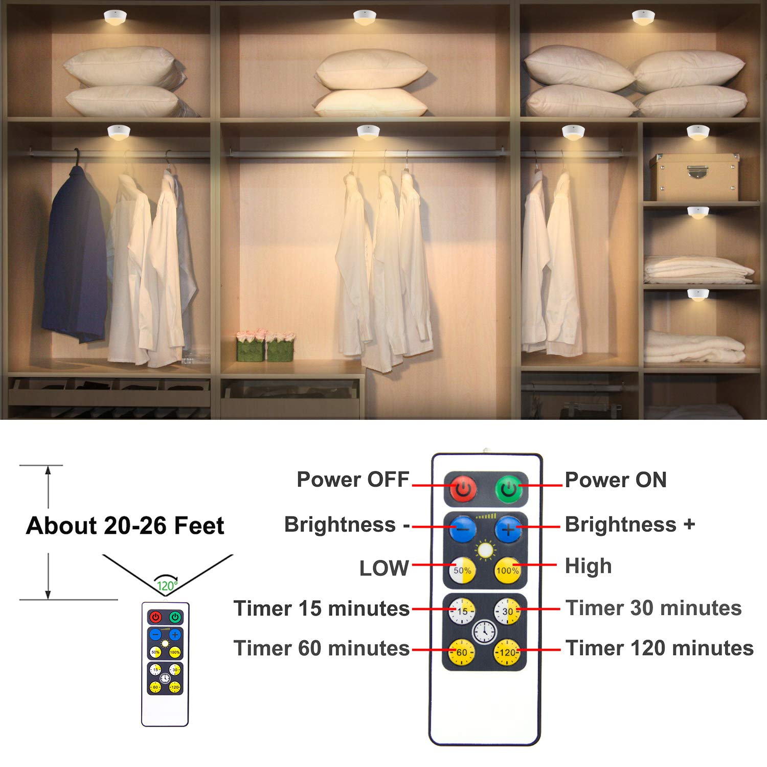BIGLIGHT LED Closet Lights - 6 Pack Battery Operated Puck Lights with Remote Control, Dimmable Touch Switch, Easy Stick-On Installation for Cabinets, Counters & Shelves - Perfect for Home Organization, Wardrobe Lighting & Kitchen Under Cabinet Lighting