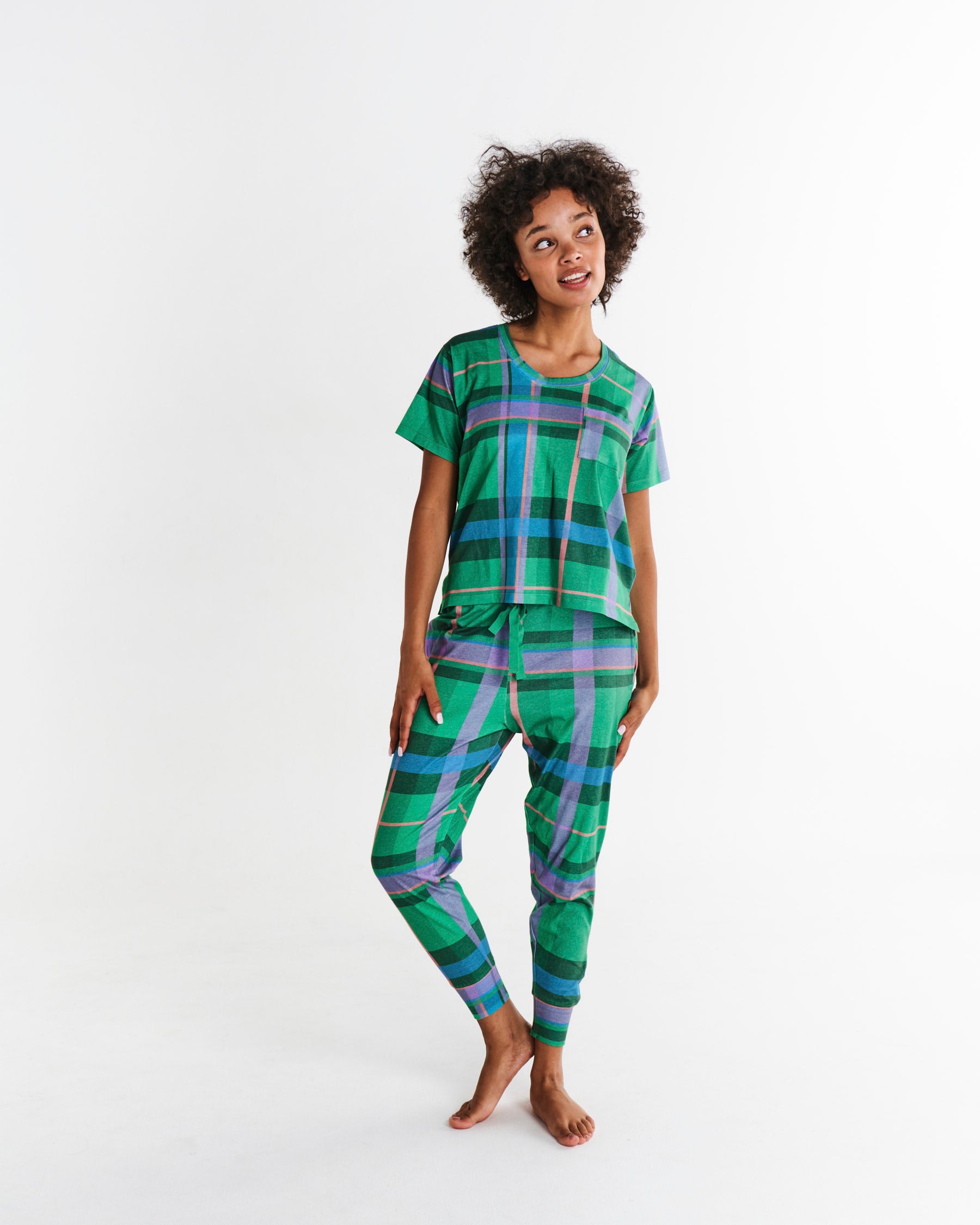 Jewel Of The Nile Tartan Organic Cotton Short Sleeve T-Shirt & Slouch Pant Pajama Set - Soft & Comfortable Sleepwear for Women - Perfect for Lounge, Sleep & Relaxation at Home