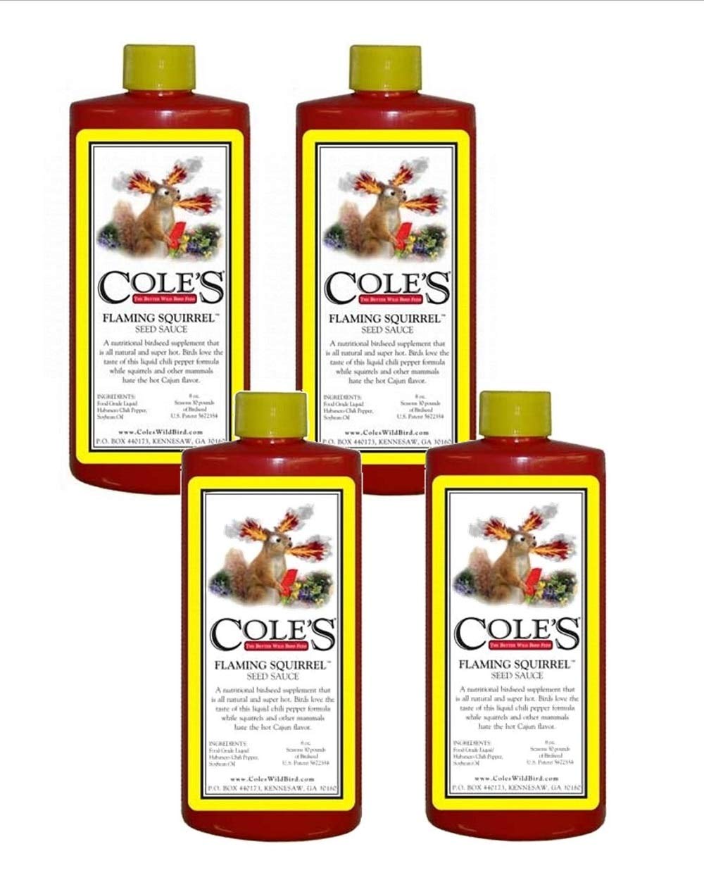 Cole's Flaming Squirrel Seed Sauce - Super Hot & Spicy Nutritional Birdseed Supplement | 100% All-Natural Food Grade Liquid Chili Pepper Soybean Oil | 16oz (4-Pack) | Perfect for Wild Birds, Backyard Feeders & Bird Watching Enthusiasts