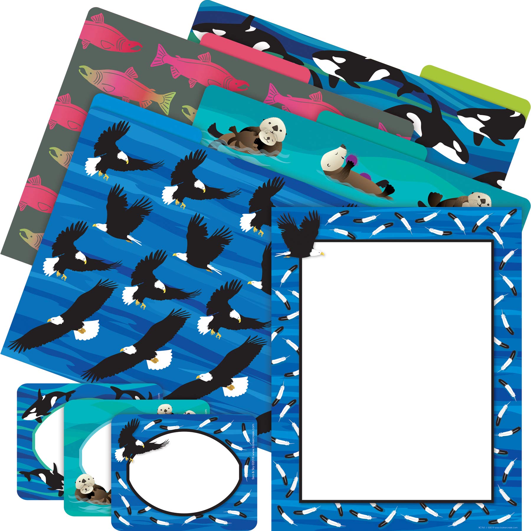 Barker Creek Get Organized Office Kit - Sea & Sky Eagles Design | 12 File Folders, 50 Colorful Computer Papers & 45 Self-Adhesive Labels | Perfect for Home Office Organization & School Supplies