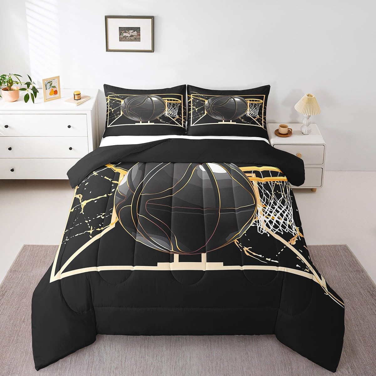 **Gold Basketball Court Twin Duvet Set with Silver Hoop Design - Sports Themed Comforter for Kids & Boys - Basketball Game Bedding for Teen & Youth Bedroom Decor - Perfect for Sports Fans & Game Room Themes**
