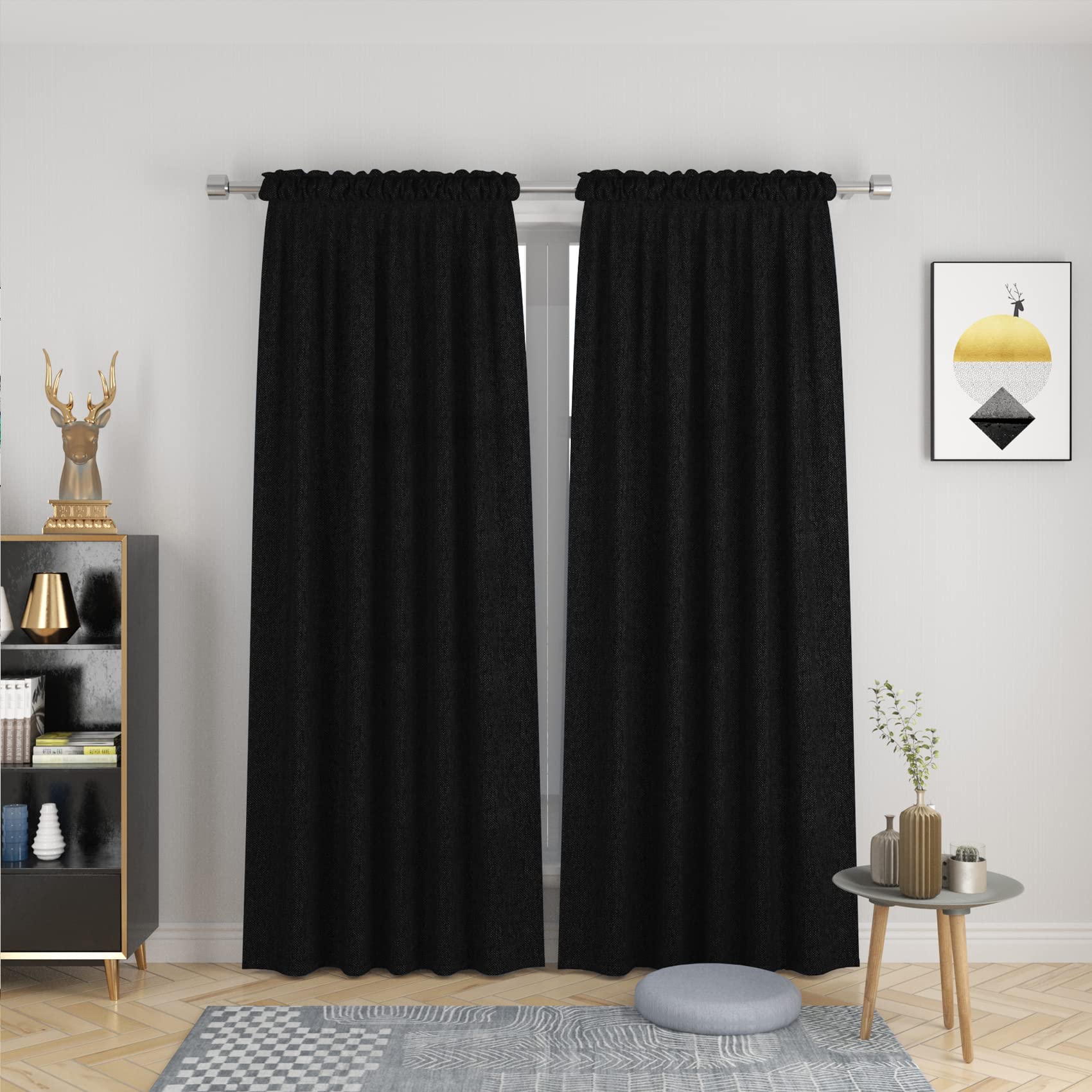 UPOPO Black Linen Textured Curtains 84 Inch Length - 2 Panels Rod Pocket for Privacy, Room Divider & Window Treatment | Perfect for Living Room, Bedroom, Kitchen, Basement & Sliding Glass Doors