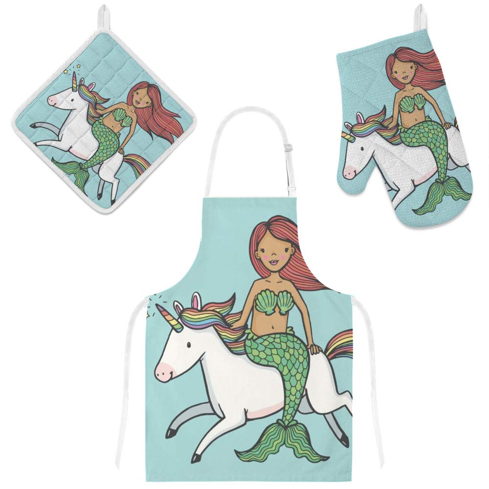 Heat Resistant Polyester Oven Mitts & Potholder Set - Cartoon Mermaid Riding Unicorn Design, Non-Slip Kitchen Gloves for Baking, Cooking, BBQ - Perfect for Home Chefs & Holiday Cooking Gifts