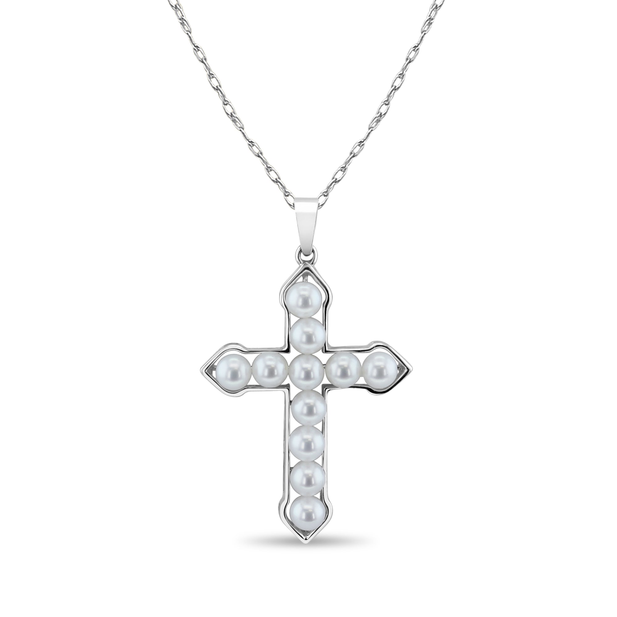 Elegant Pearl Cross Pendant Necklace with White Gold Bezel - Perfect for Baptism, First Communion & Religious Gifts