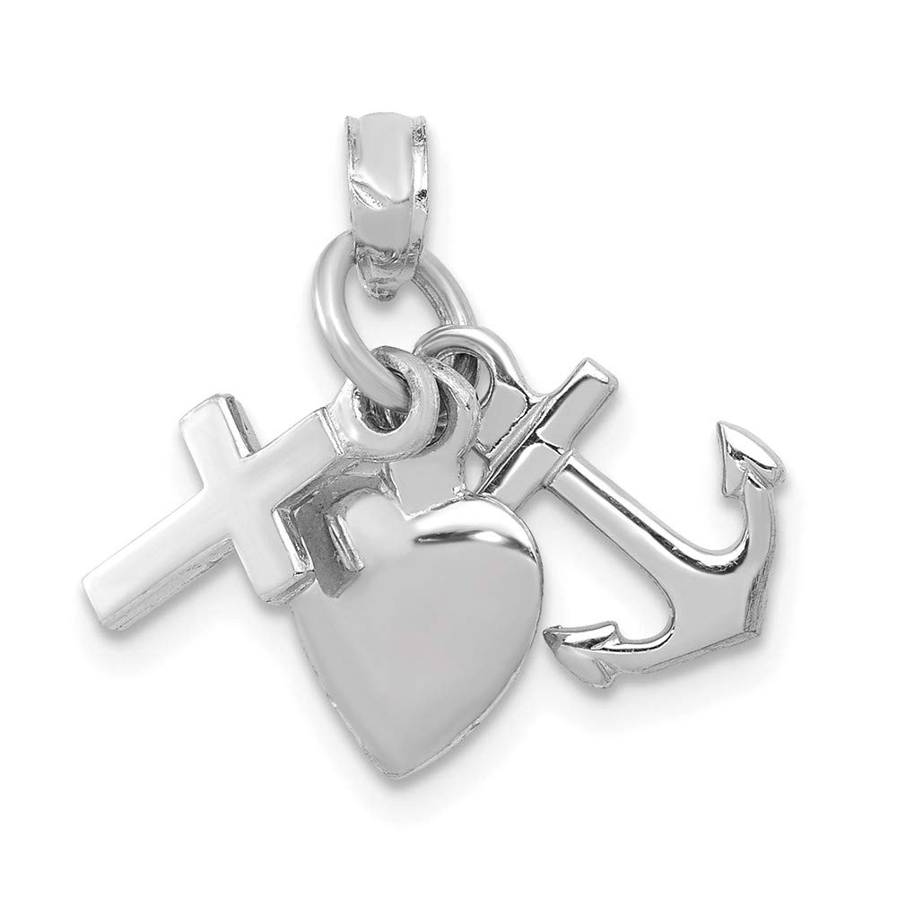 10K White Gold 3D Faith Hope Love Cross Anchor Heart Mini Pendant Necklace - Religious Jewelry Gift for Women, Baptism, Confirmation & Everyday Wear