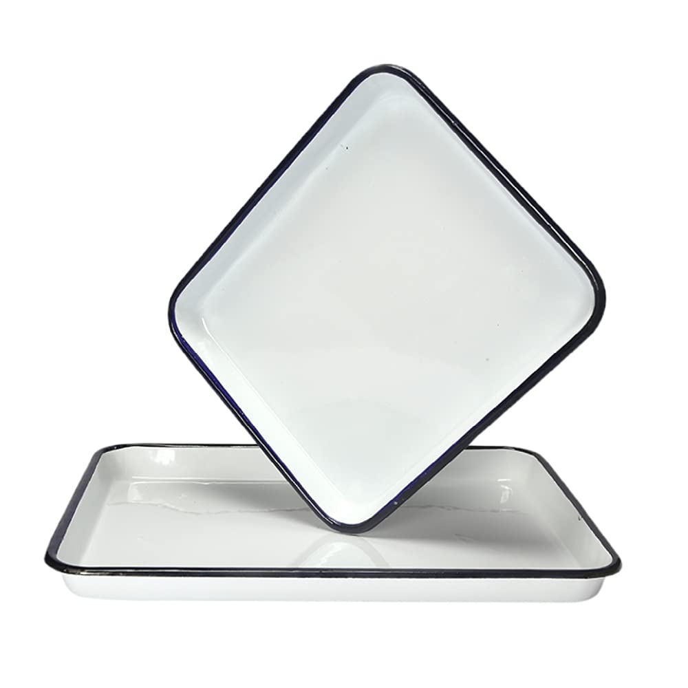 Vintage White Enamel Handcrafted Baking Tray - 35cm x 50cm x 4cm Square Retro Cake Oven Tray for Home Baking, Serving & Kitchen Decor | Perfect for Cookies, Pastries & Charcuterie Boards