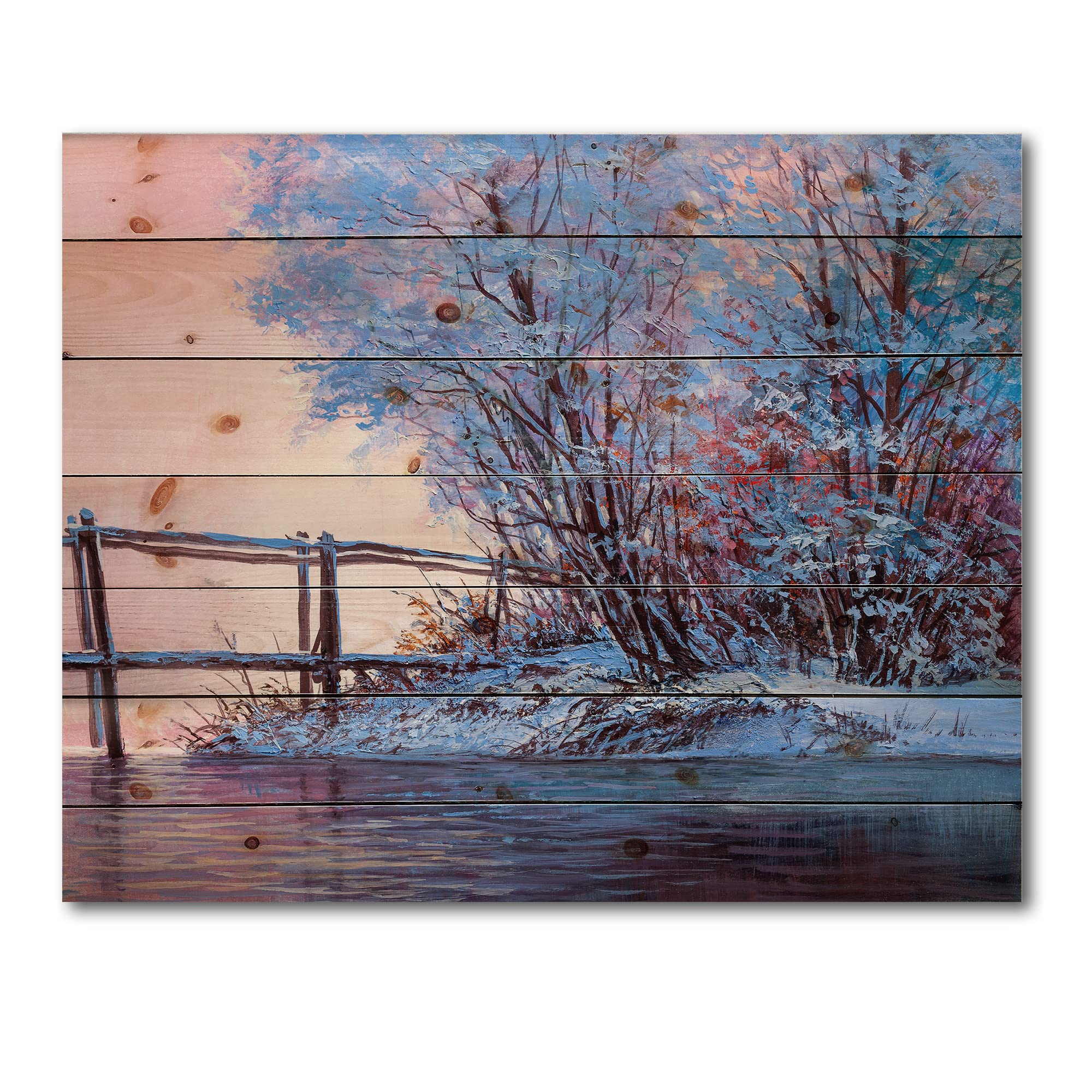 Winter Scenery Bridge River Lake House Wood Wall Decor - Large Pine Wood Wall Art Panels with Natural Landscape Print - Perfect for Living Room, Bedroom & Cabin Decor