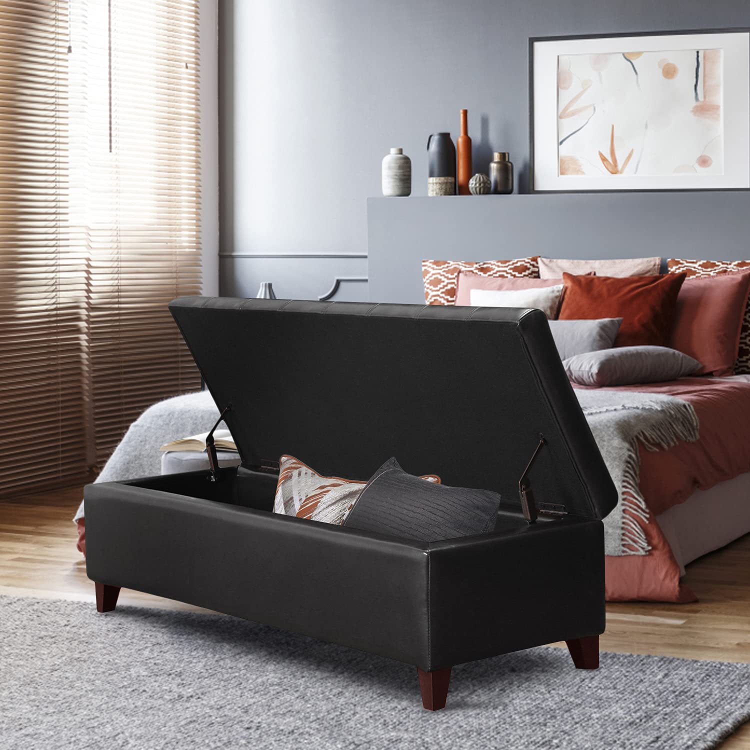 Storage Ottoman Bench with Wooden Legs - Upholstered Rectangle Storage Seat for Bedroom & Living Room - Perfect for End of Bed Storage, Extra Seating & Home Organization