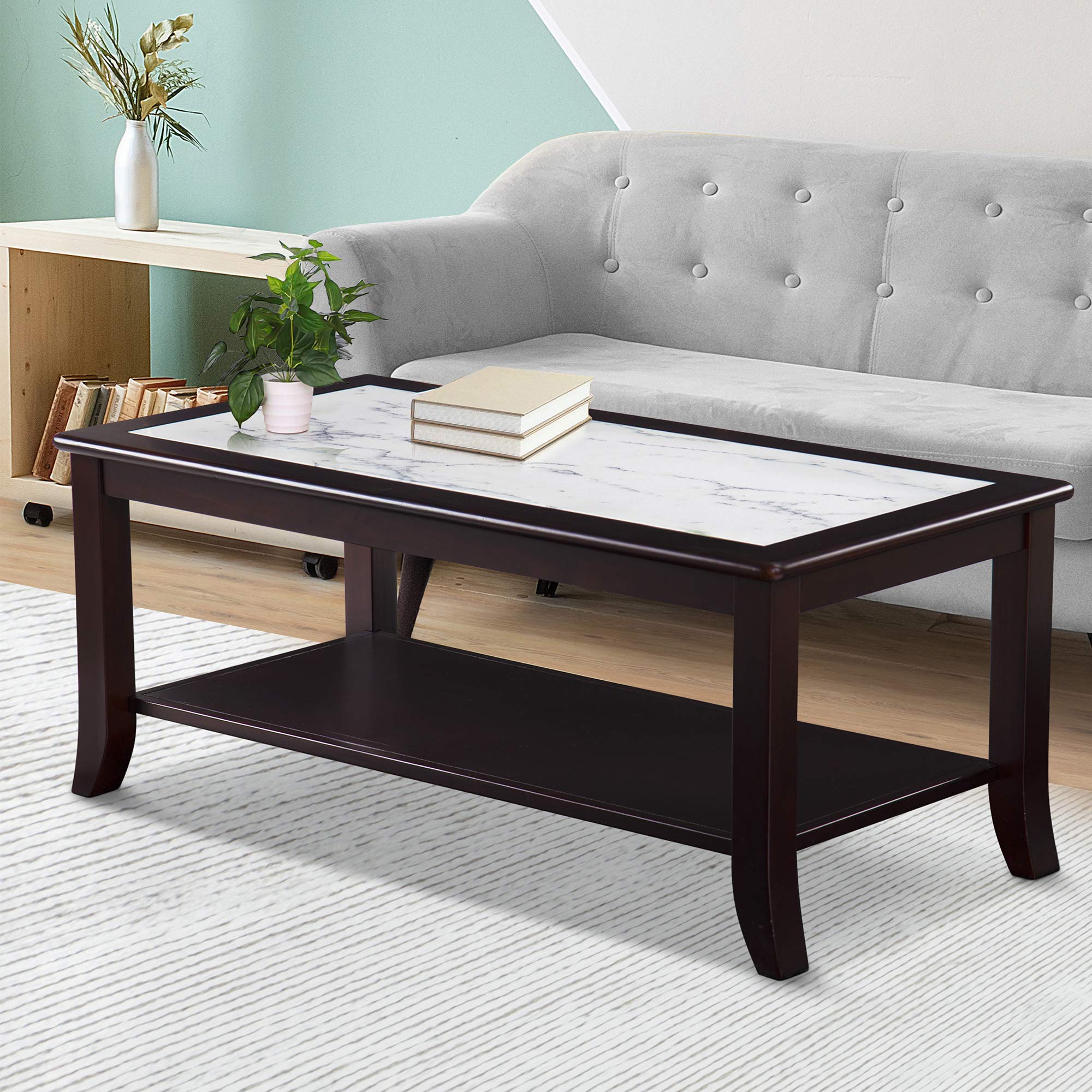 SLEEPLACE Modern Marble Coffee Table - White & Black Espresso Finish - Living Room Center Table for Small Spaces, Apartments & Home Decor