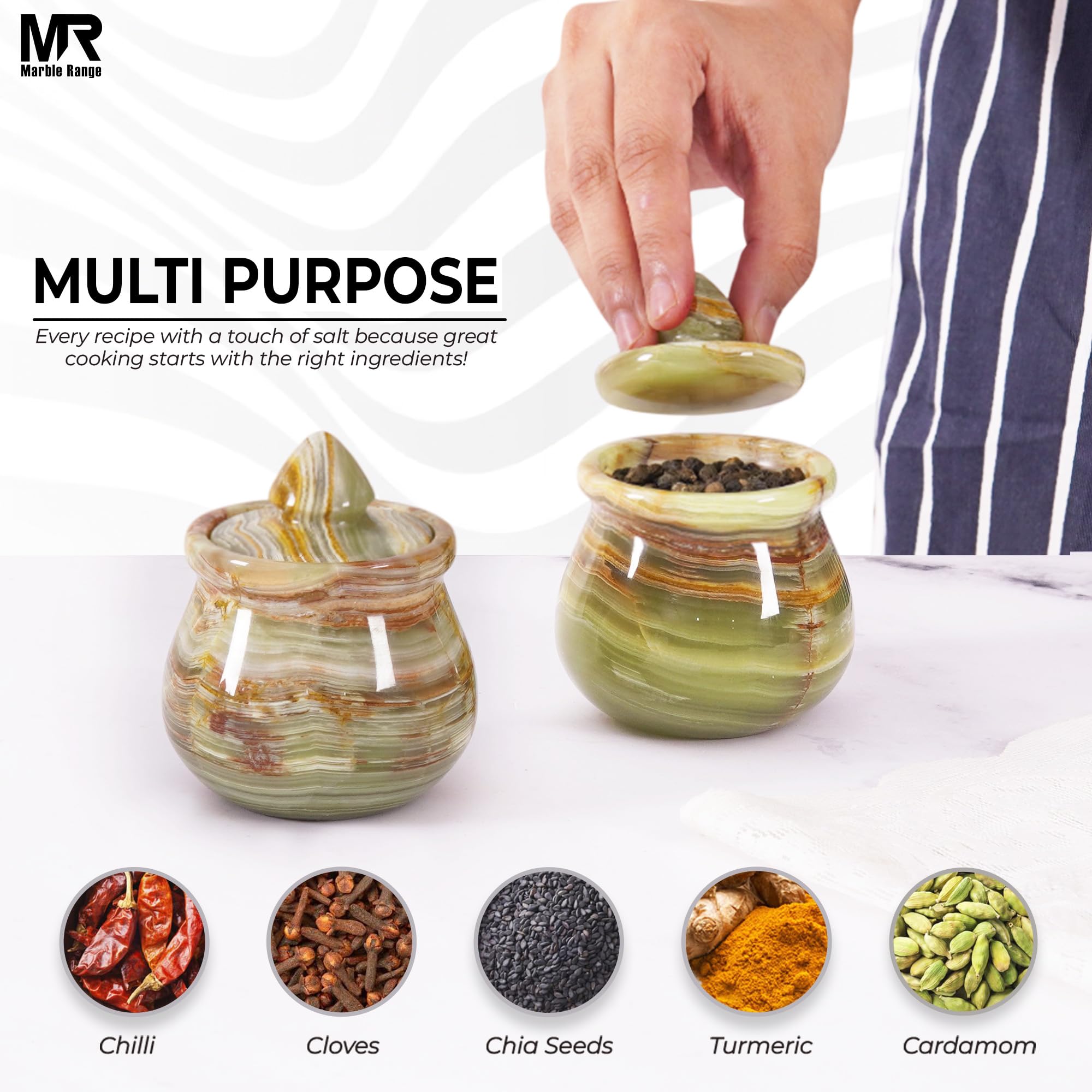 **Handmade Green Onyx Marble Salt Cellar Set of 2 with Lid – 3.5 Inch Salt & Pepper Holder, Countertop Spice Container – Perfect for Kitchen, Dining Table & Gift Giving**