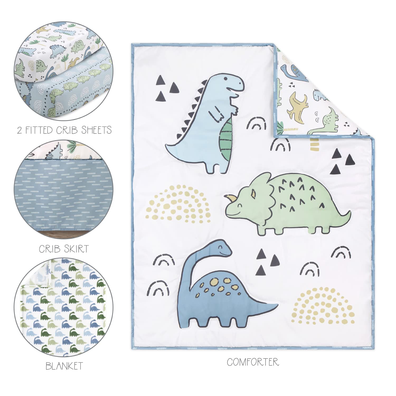 Peanutshell 5-Piece Blue Dinosaur Baby Crib Bedding Set for Boys - Soft Fitted Crib Sheets, Blanket & Dust Ruffle Comforter - Newborn, Infant & Toddler Nursery Decor - Perfect for Baby Showers & Nursery Themes