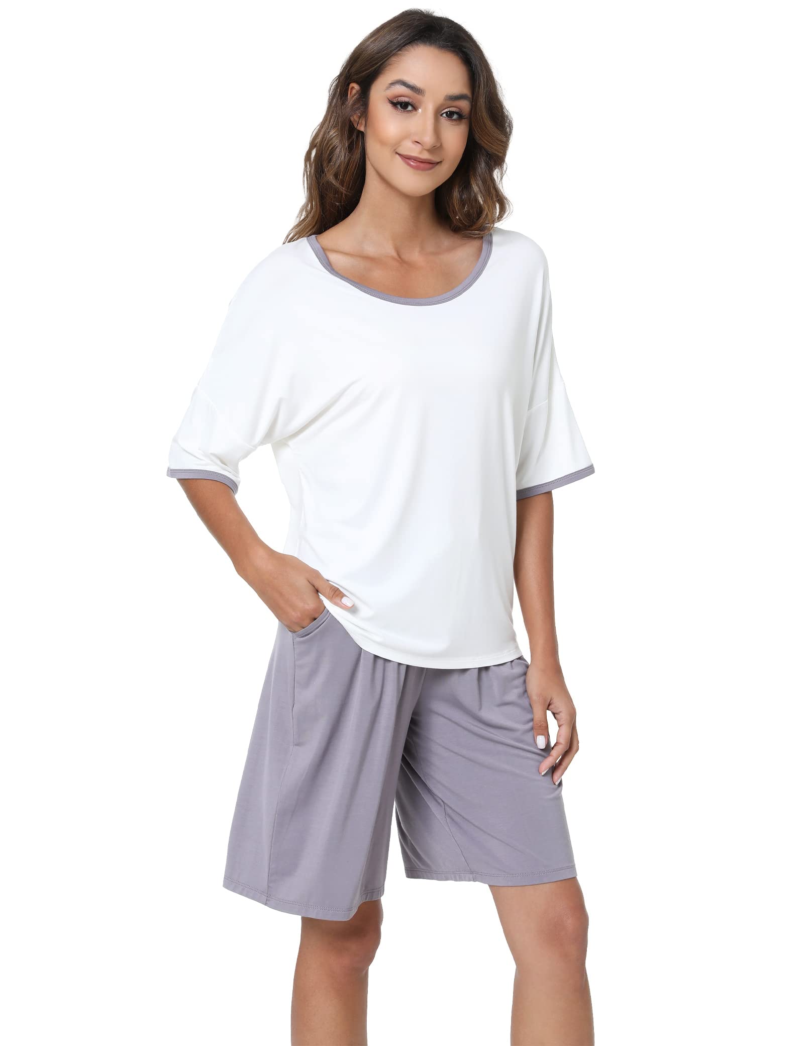 LazyCozy Women's Bamboo Viscose Pajama Set - Short Sleeve & Shorts for Sleep & Lounge