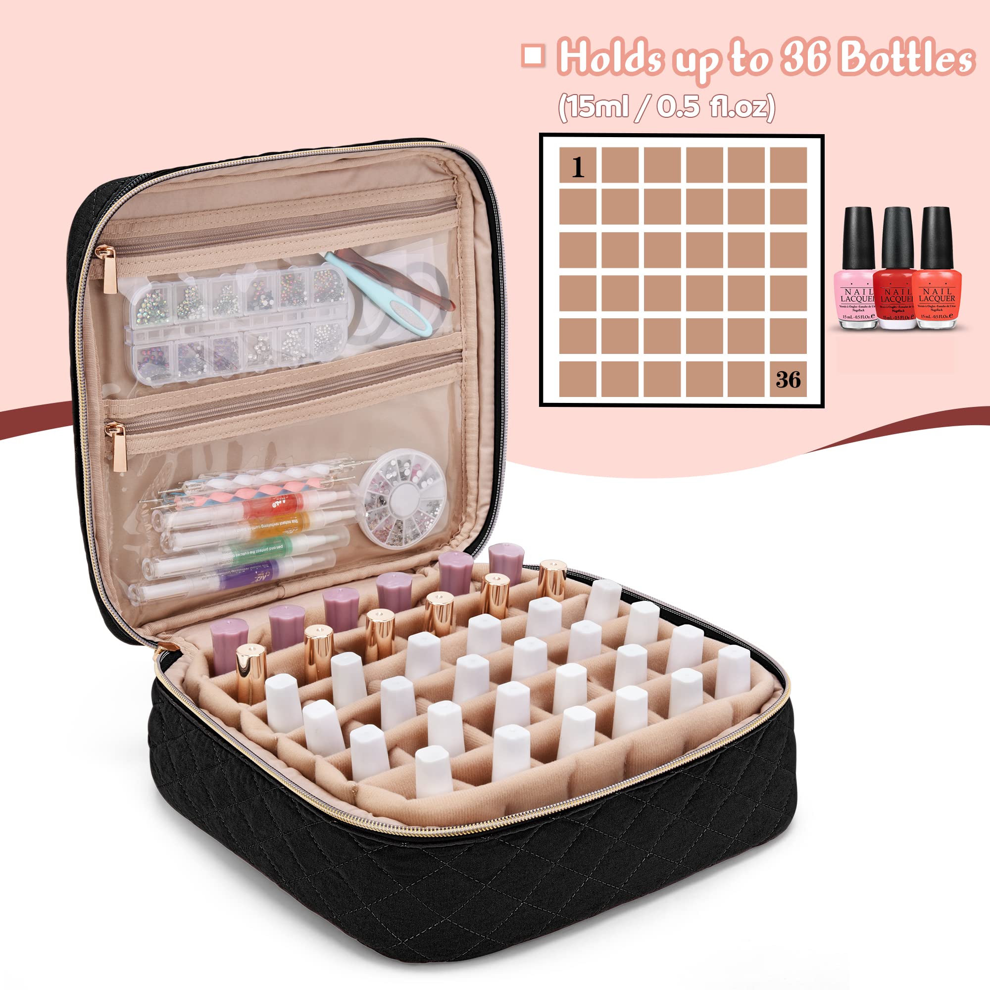 Yarwo 36 Bottle Nail Polish Organizer Case - Portable Nail Varnish Storage Bag for 15ml/0.5oz Bottles, Nail Art Accessories Carrying Case (Black) - Perfect for Salon Professionals, Travel & Home Organization