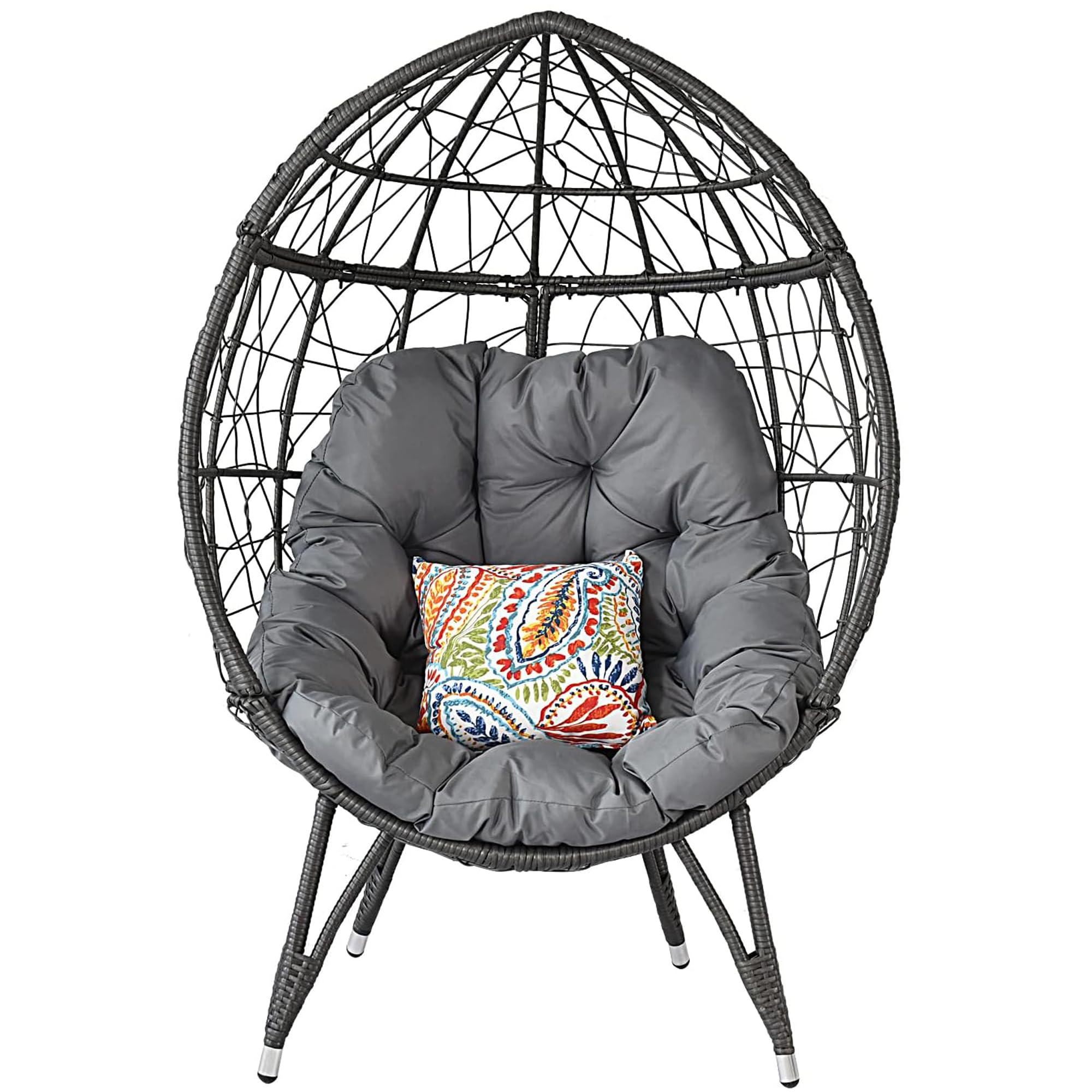 Outdoor Egg Chair - PE Rattan Hanging Basket Chair with Stand & Gray Cushions, 440lb Capacity Patio Lounge Furniture for Backyard, Garden, Poolside Relaxation