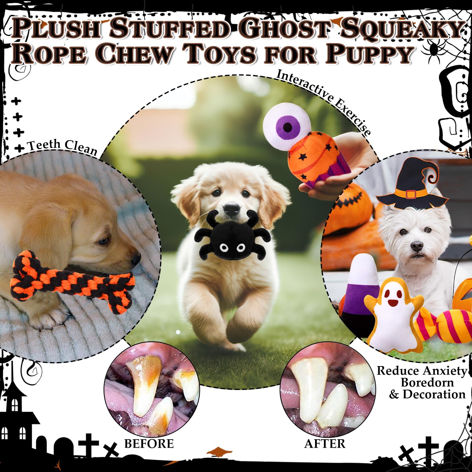 23 Pcs Halloween Dog Toys Set - Squeaky Spider Plush, Rope Chew & Ghost Stuffed Toys for Puppies - Interactive Teething & Teeth Cleaning Toys for Small Dogs - Perfect for Halloween Parties, Training & Playtime