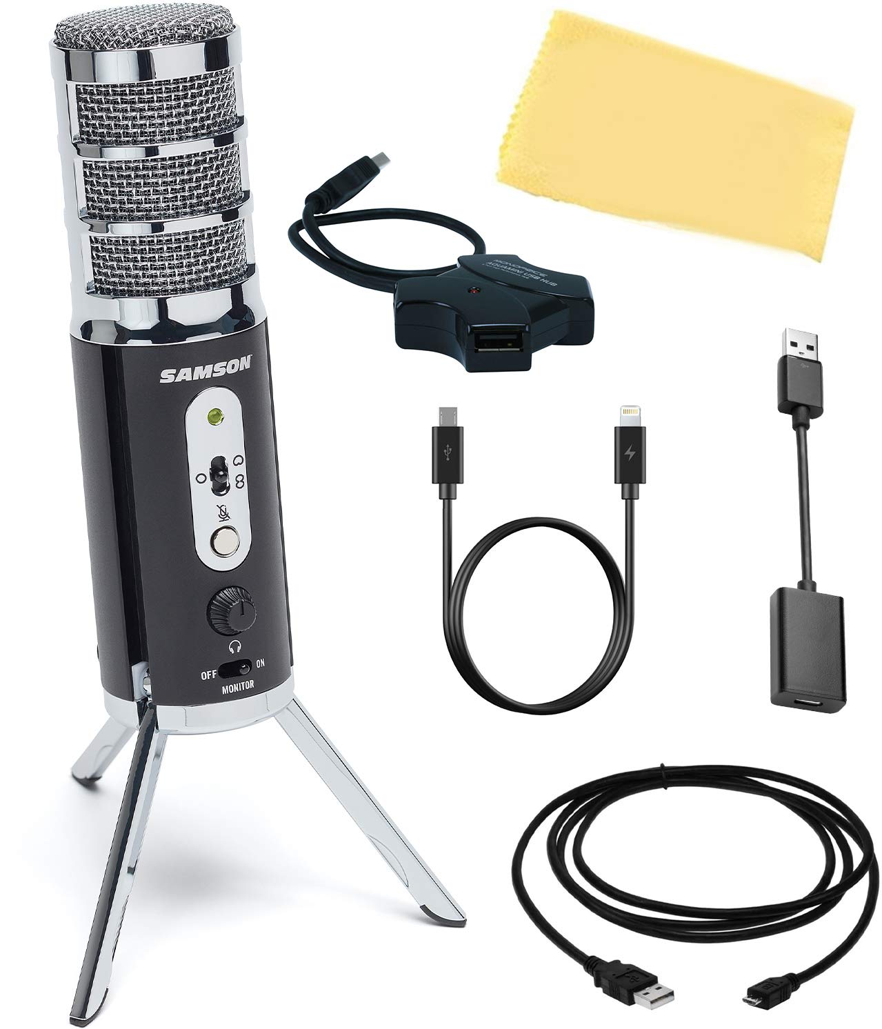Samson SASAT Professional USB & iOS Broadcast Microphone Kit - Includes Lightning to USB Cable, USB Hub, USB-C Adapter & Polishing Cloth | Perfect for Podcasting, Streaming & Home Studio Recording