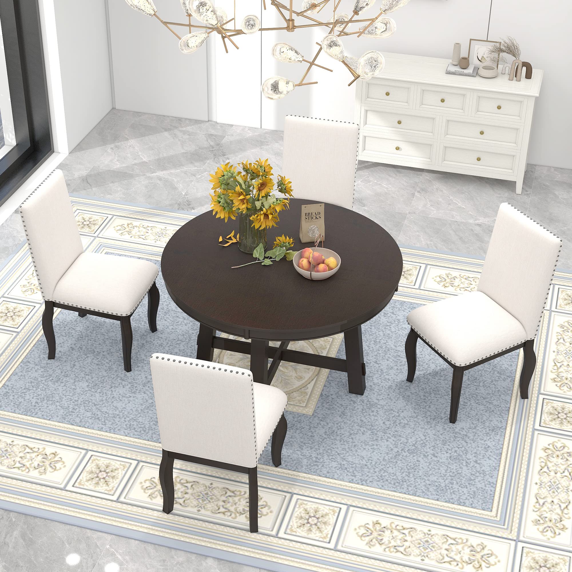 Quarte 5-Piece Farmhouse Dining Table Set - Extendable Wood Round Table & 4 Upholstered Chairs in Espresso - Perfect for Small Spaces & Family Gatherings