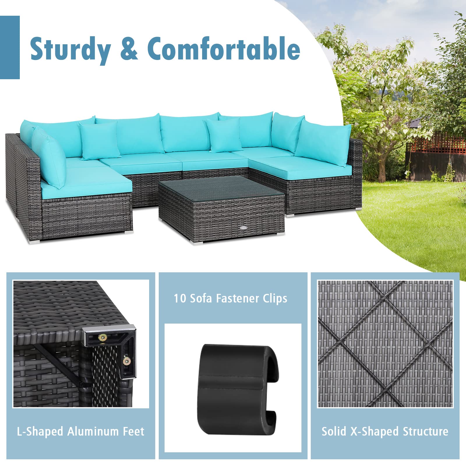 **Tangkula 7-Piece All-Weather Outdoor Patio Furniture Set - Rattan Sectional Sofa with Cushions & Tempered Glass Coffee Table - Perfect for Garden, Lawn, Backyard, Poolside (Turquoise Blue)**