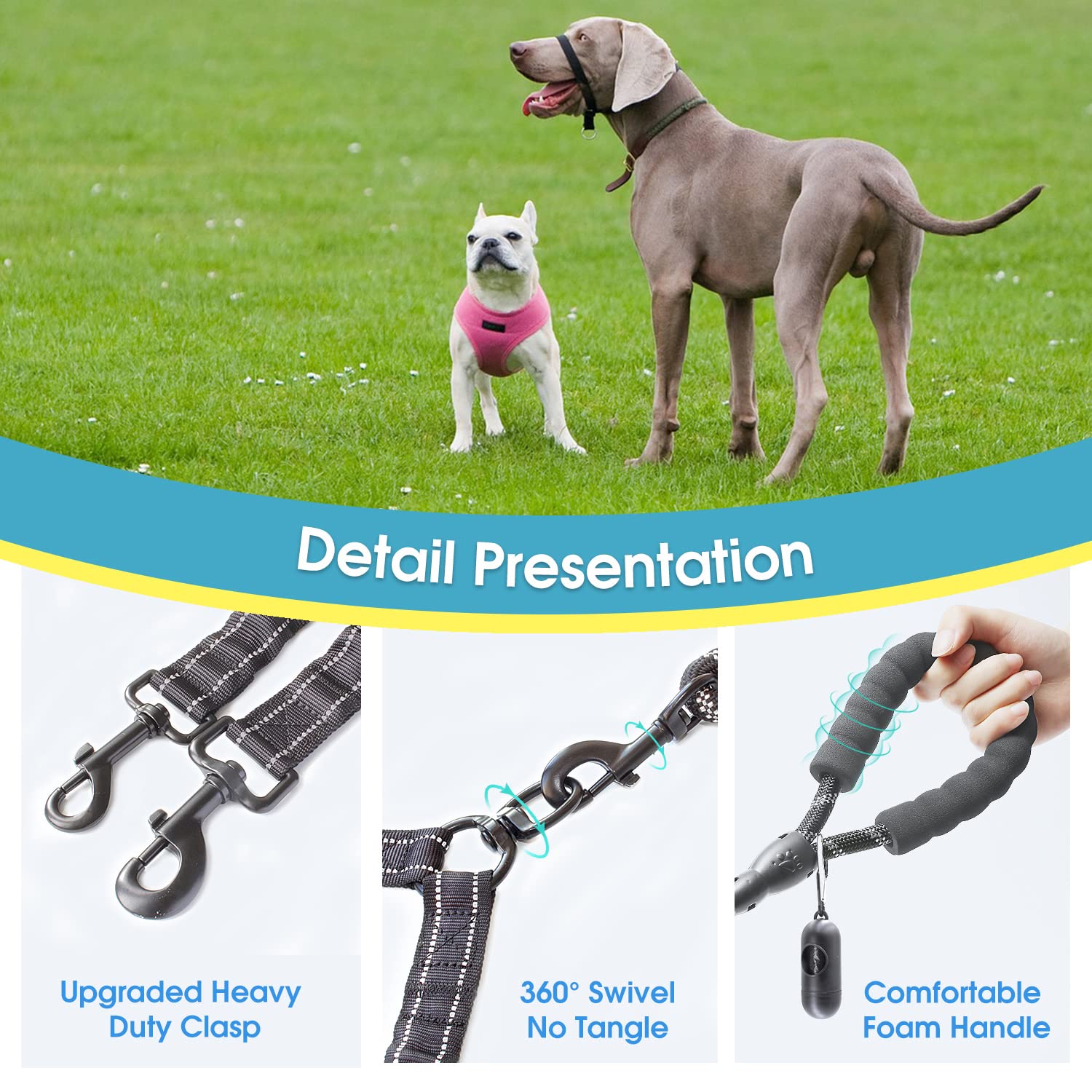 BAAPET 4 FT Double Dog Leash with Shock Absorbing Bungee & Poop Bags - Tangle Free Rope Leash for Small Medium Large Dogs (Medium/Large, Black) - Perfect for Walking, Training & Outdoor Adventures with Two Pets