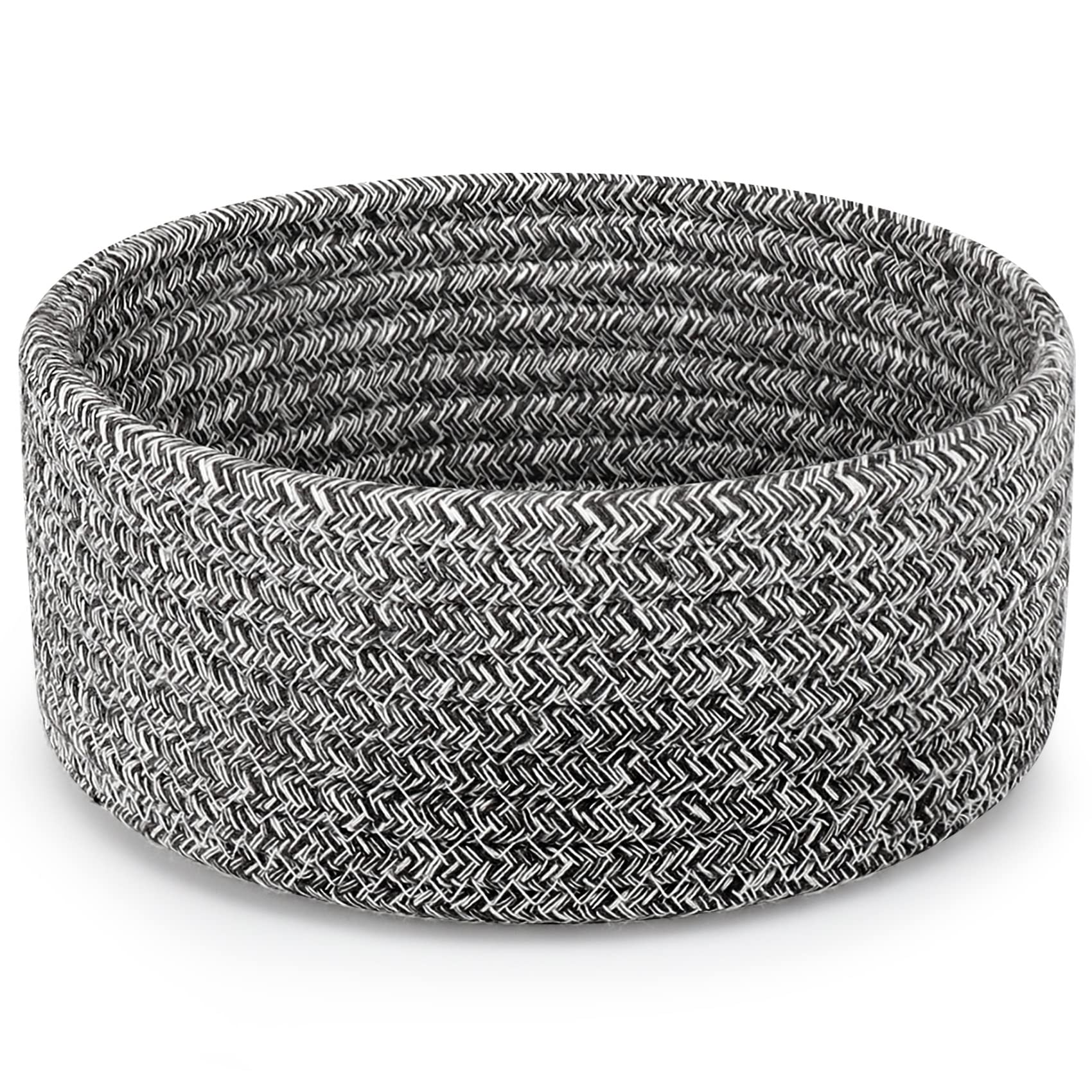 ABenkle Small Woven Storage Basket - Mini Cotton Rope Decorative Hamper for Toys, Spa Essentials, Socks & Nursery Organization - Round Shallow Basket for Living Room, Bedroom & Bathroom - Mixed Grey