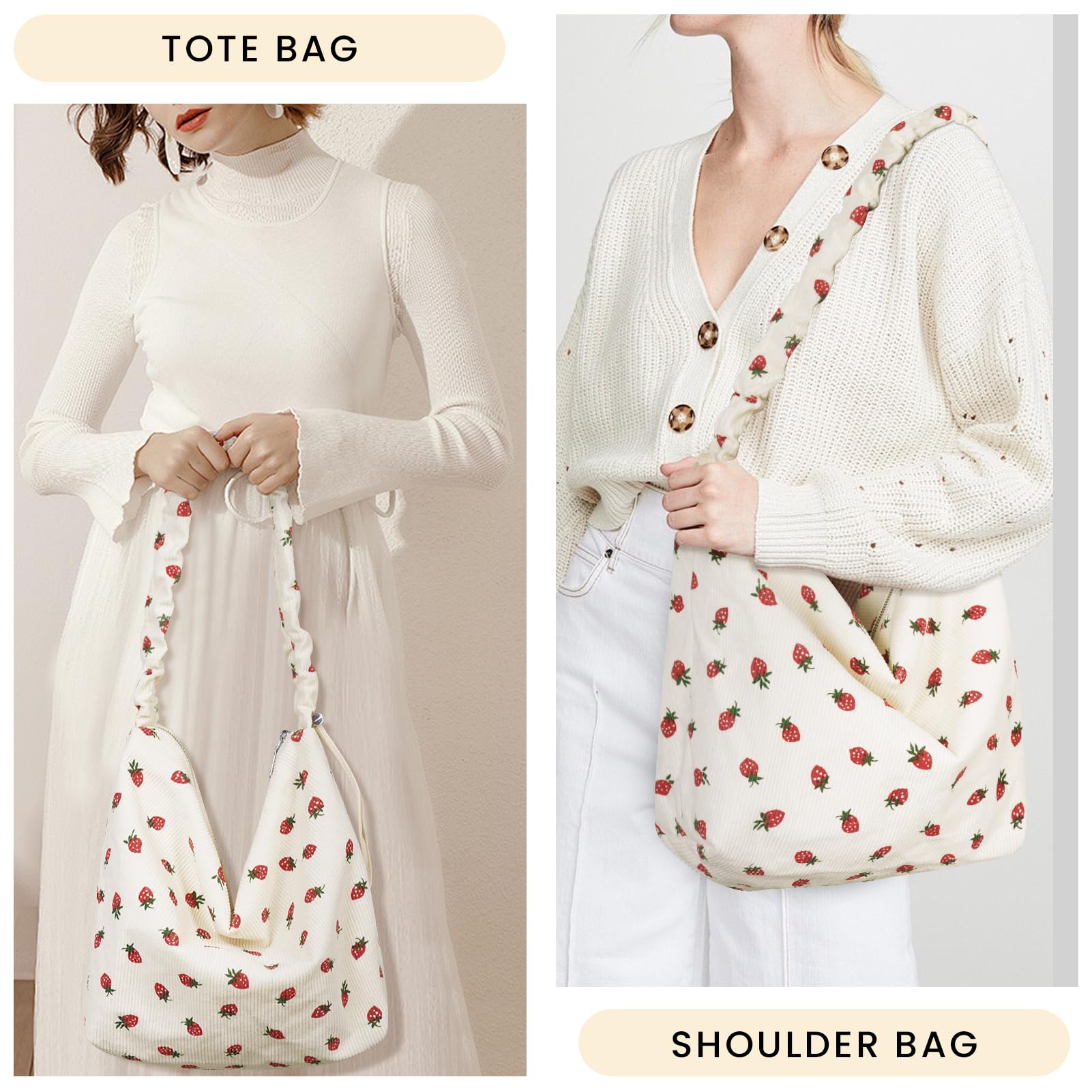 Strawberry Print Corduroy Tote Bag for Women - Cute Zippered Shoulder Purse, Aesthetic Hobo Bag | Perfect for Work, Shopping & Daily Use