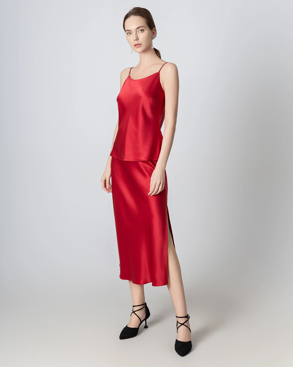 Luxury Round Neck Silk Camisole & Midi Skirt Set - Women's Elegant Satin Pajama Loungewear for Home, Sleep & Special Occasions