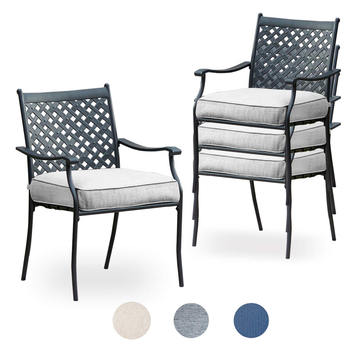 4-Piece Grey Metal Dining Chair Set with Arms & Cushions - Indoor/Outdoor Patio, Bistro, Cafe Side Chairs - Perfect for Backyard, Restaurant, and Home Dining Use