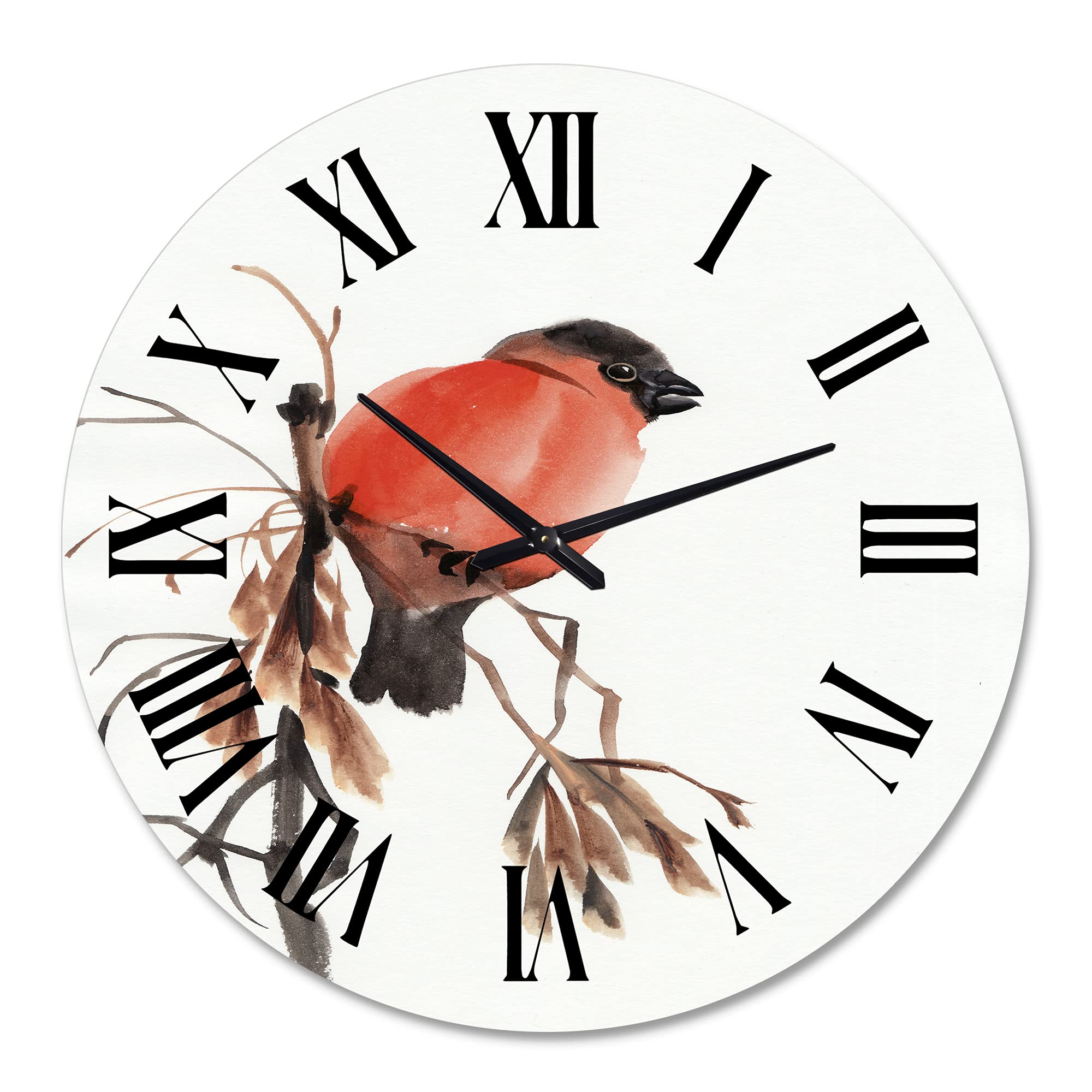 DesignQ Traditional Wall Clock 'Red Bullfinch Bird On A Branch' - Large Decorative Kitchen Wall Clock with Animal Theme - Perfect for Home, Office, and Farmhouse Decor