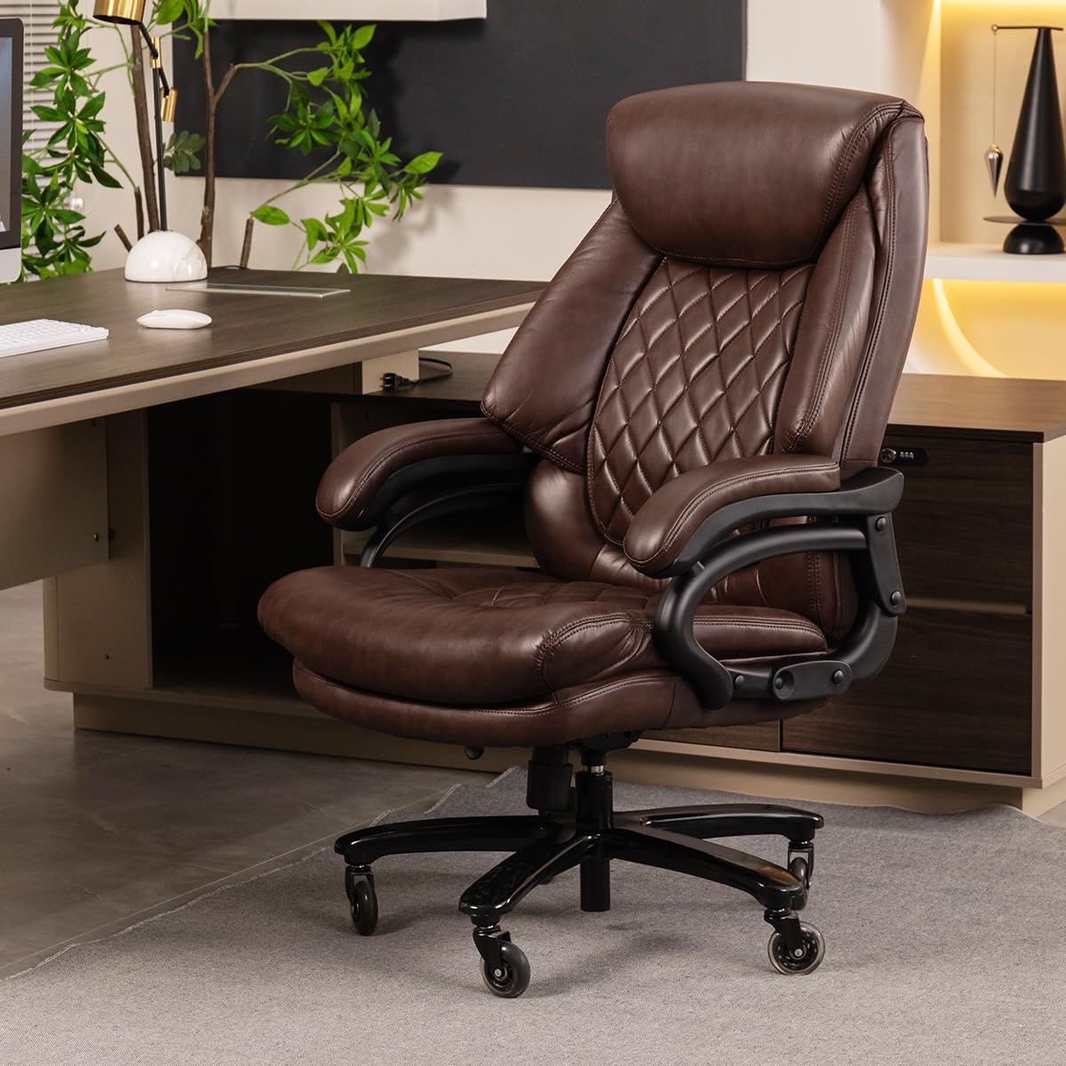 500lbs Heavy Duty Big and Tall Office Chair - Extra Wide Executive Chair with Spring Seat for Large People - 360° Swivel Computer Desk Chair - Ergonomic Home Office Chair for Comfort (Brown) - Perfect for Long Work Hours & Gaming Sessions