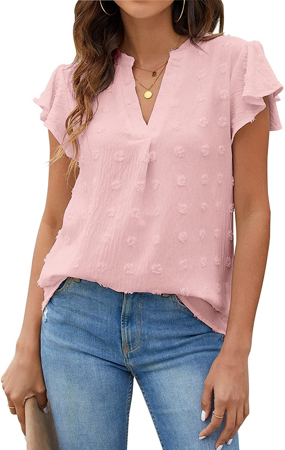 Women's Short Sleeve Chiffon V-Neck Blouse - Cute Polka Dot Summer Tops for Casual Wear, Office & Date Night Outfits