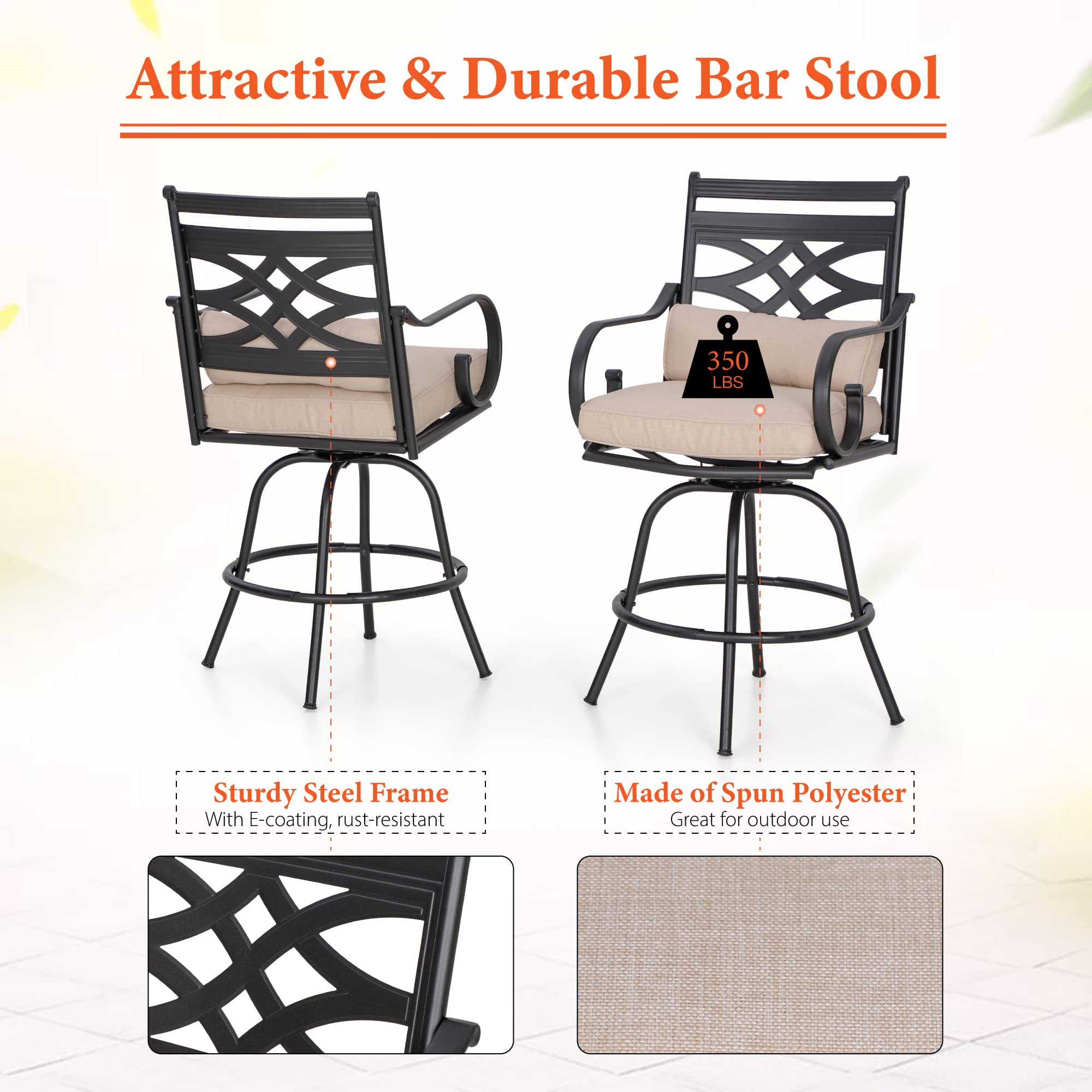 Sophia & William 2-Piece Swivel Bar Stool Set with Seat Cushion - Adjustable Height Counter Stools for Kitchen Island, Outdoor Patio, and Home Bar Decor
