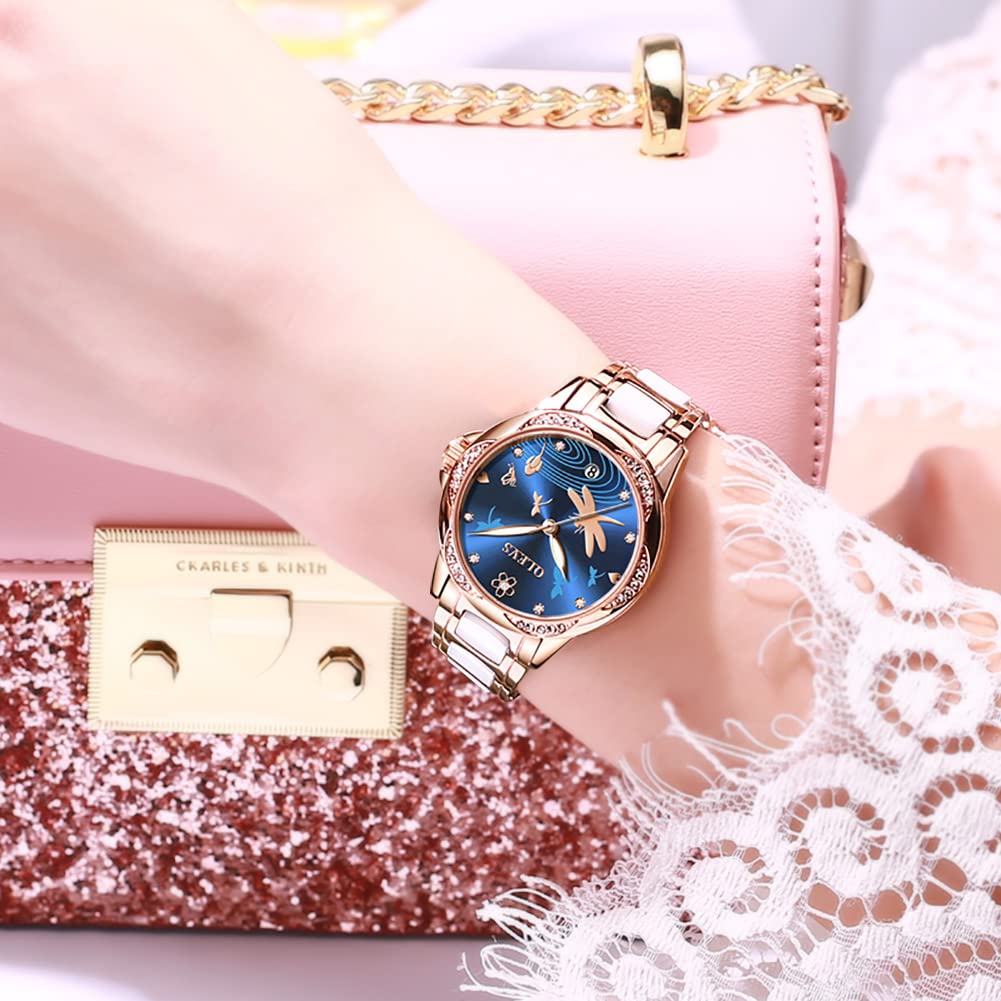 OLEVS Rose Gold Women's Automatic Mechanical Watch - Ceramic Stainless Steel Band, Waterproof, Luminous Hands, Date Display, Diamond Accents | Elegant Dress Watch for Women (Red/Blue/White Dial, No Battery Needed) | Perfect for Office, Evening Events & Special Occasions