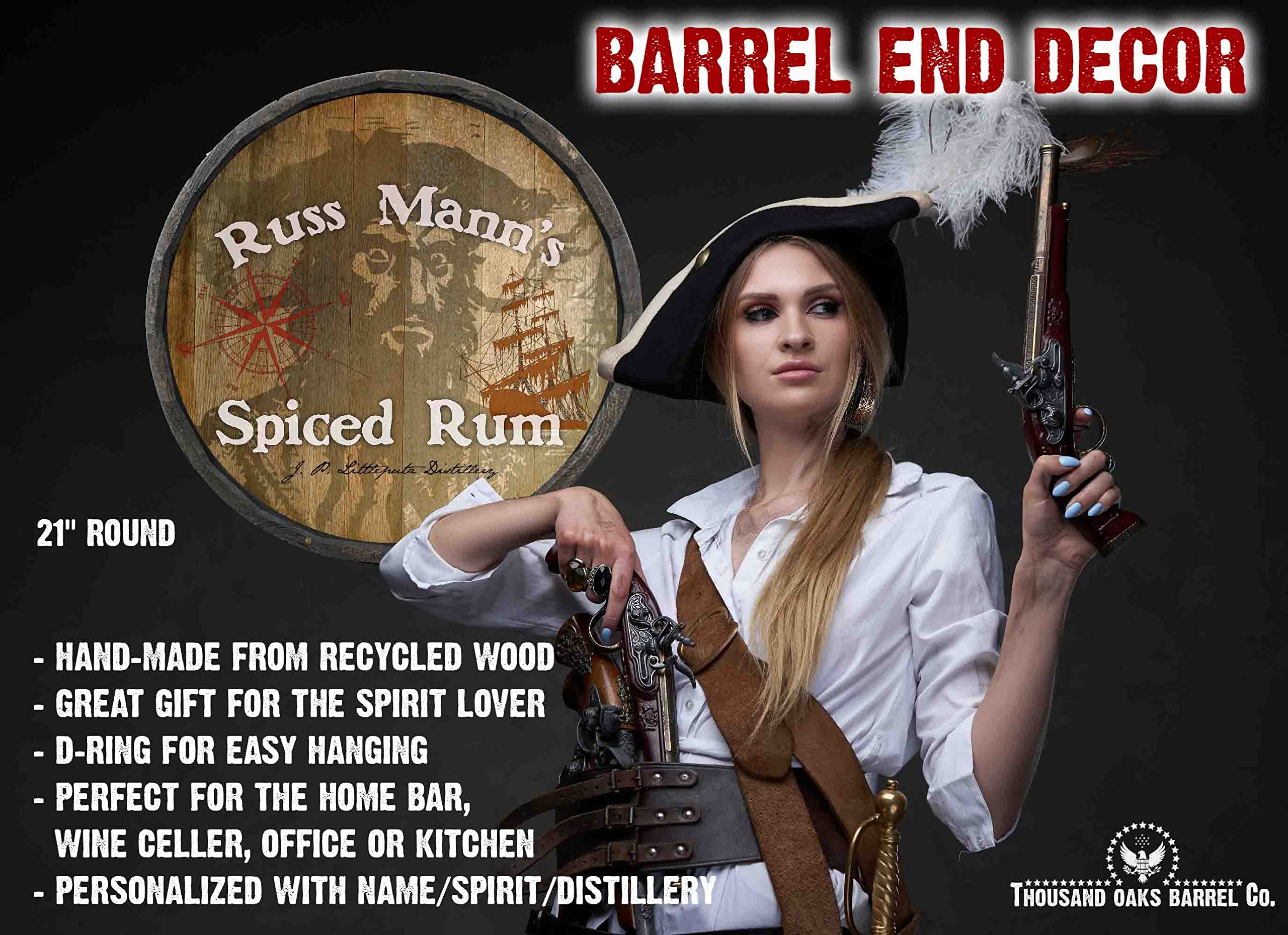 Personalized 21-Inch Whiskey Barrel Head Sign by Thousand Oaks Barrel Co. - Custom Wooden Home Bar Decor for Man Cave, Kitchen, Office - Pirate Theme Wine Barrel Lid Wall Art (C7) - Perfect for Rustic Home Decor, Whiskey Lover Gifts & Western Style Interior Design