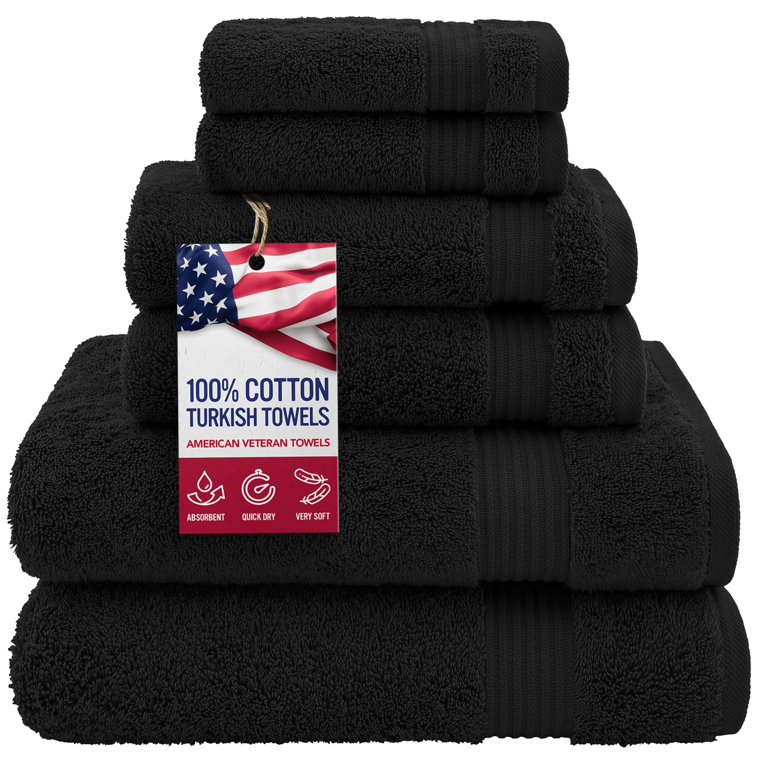 Premium 100% Cotton Turkish 6-Piece Bath Towel Set - 2 Bath Towels, 2 Hand Towels & 2 Washcloths - Ultra Soft & Absorbent Luxury Towels for Spa, Bathroom & Guest Use - Black