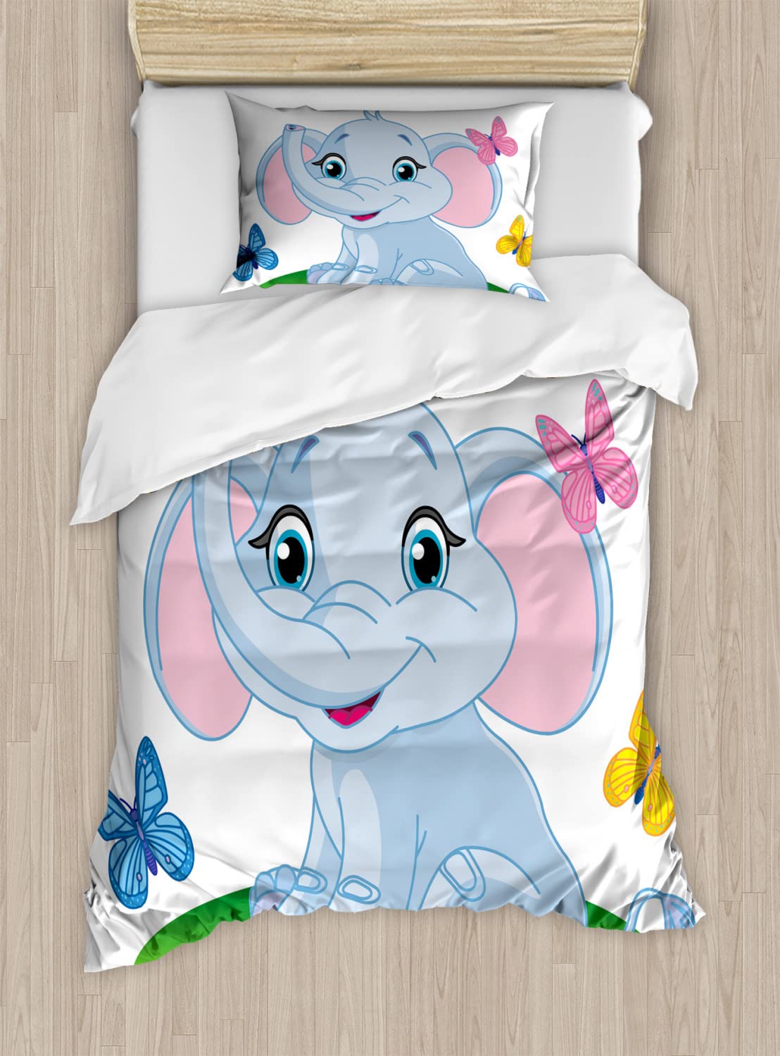 Ambesonne Cartoon Duvet Cover Set - Spring Meadow with Butterflies Design, 2-Piece King Size Bedding Set with 4 Pillowcases, Soft Pale Blue Green Pink - Perfect for Spring Bedroom Decor & Cozy Home Styling