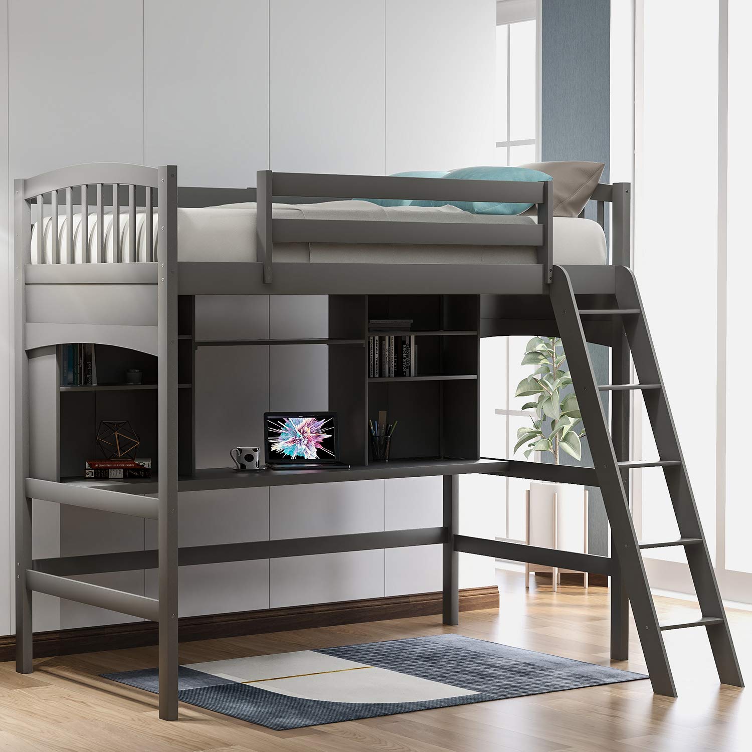 Solid Wood Loft Bed with Desk & Storage - Twin Size Space-Saving Loft Bed with Angled Ladder, Bookshelf, Safety Rail - No Box Spring Needed (Gray) - Perfect for Kids, Teens & Small Bedrooms