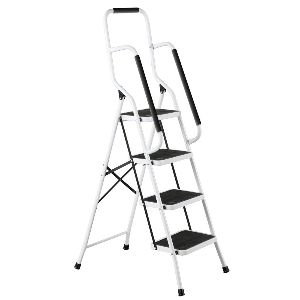 Folding Anti-Slip Safety Step Ladder with Handrail Grips - 4 Step 62.5 Inch Tall White Home & Office Ladder - Perfect for Kitchen Shelving, Garage Storage & Office Organization
