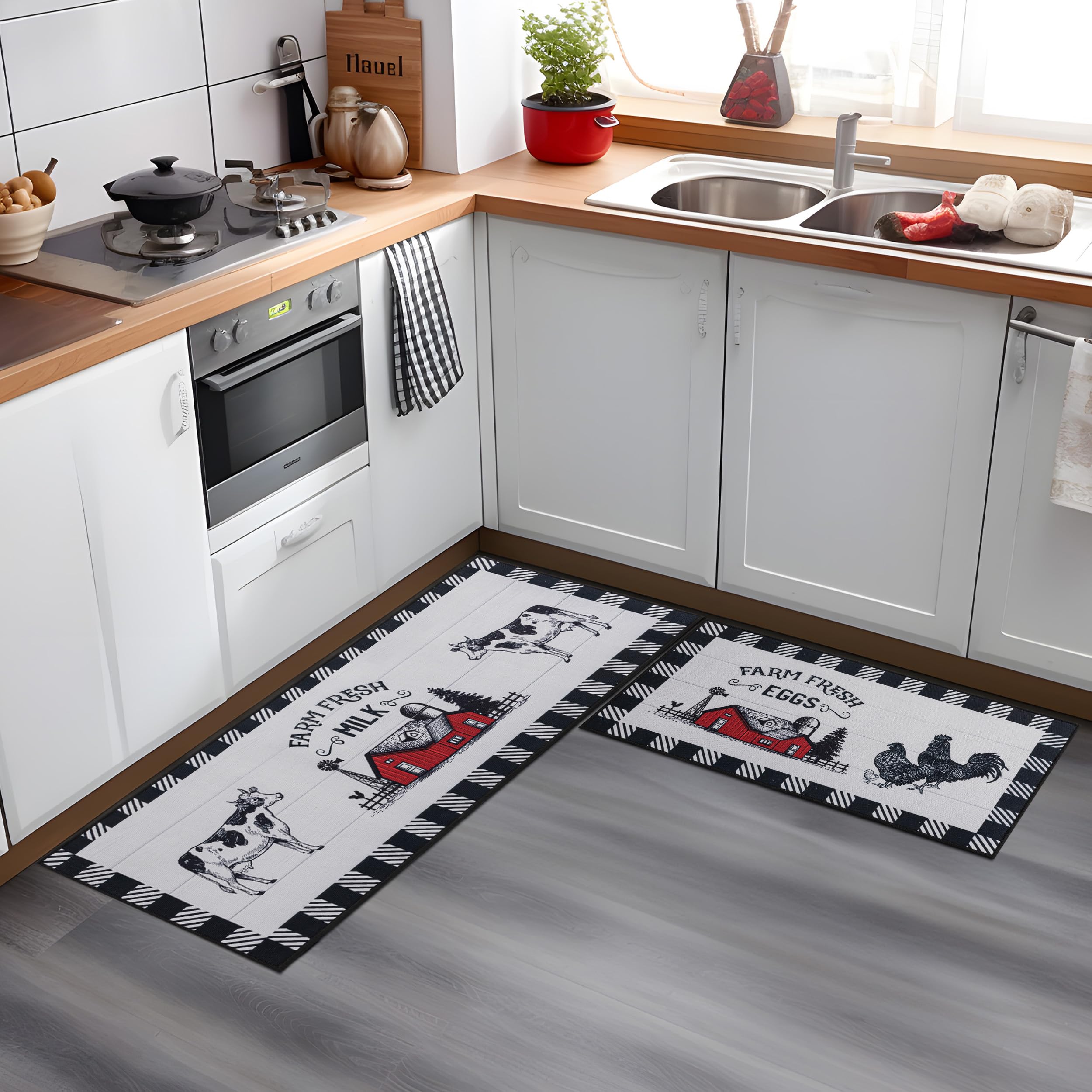 Farmhouse Kitchen Rugs Set of 2 - Non-Slip Washable Black and White Plaid Floor Mats - 17